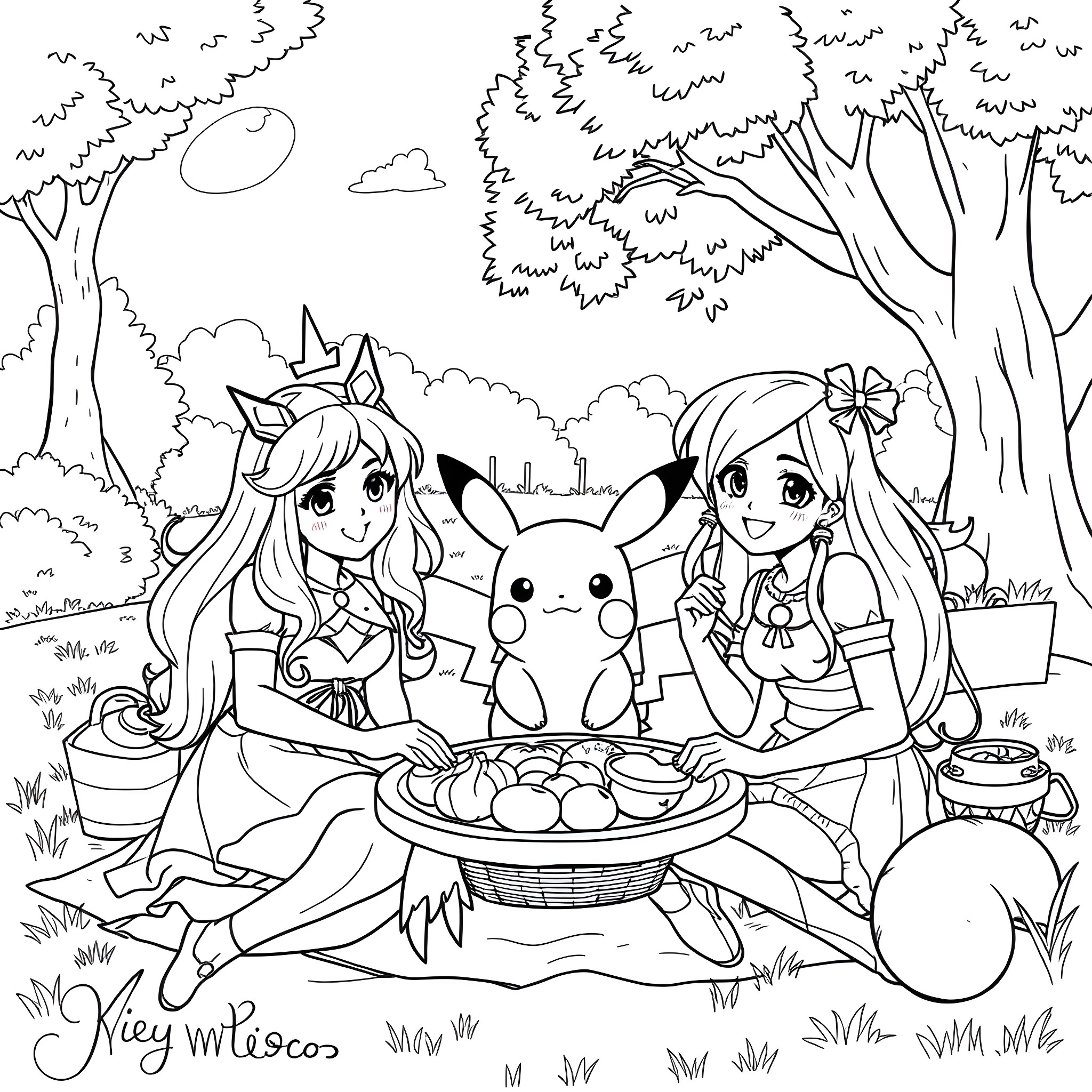 Rainbow Brite characters enjoying a picnic in the park Coloring Page (free black-and-white line drawing printable PDF for all, from beginners to advanced learners, including children, teens, adults, and seniors)