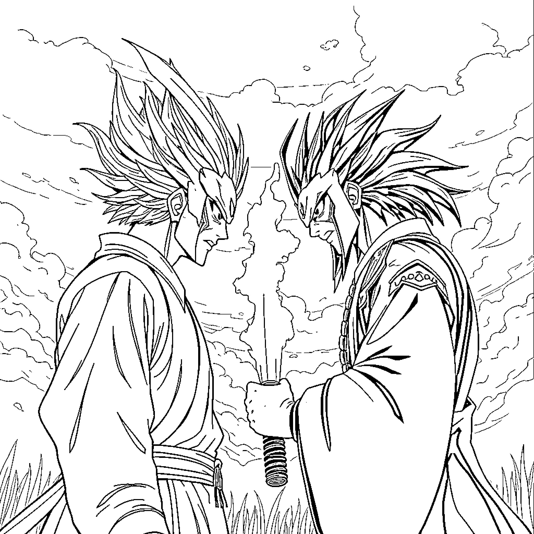 Yasuo vs Zed: Clash of Warrior Ninjas in Stormy Landscape Coloring Page (free black-and-white line drawing printable PDF for all, from beginners to advanced learners, including children, teens, adults, and seniors)