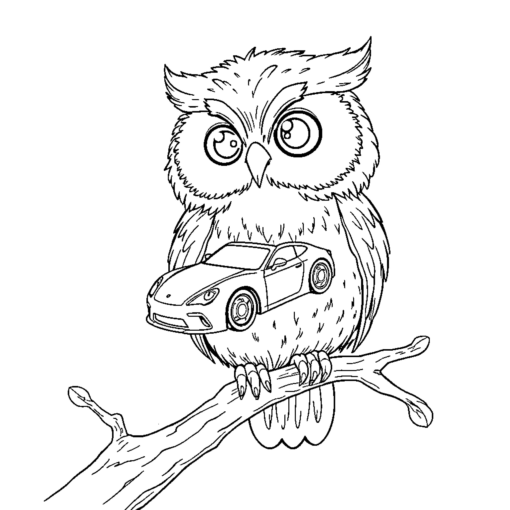 Owl holding a toy sports car Coloring Page (free black-and-white line drawing printable PDF for all, from beginners to advanced learners, including children, teens, adults, and seniors)