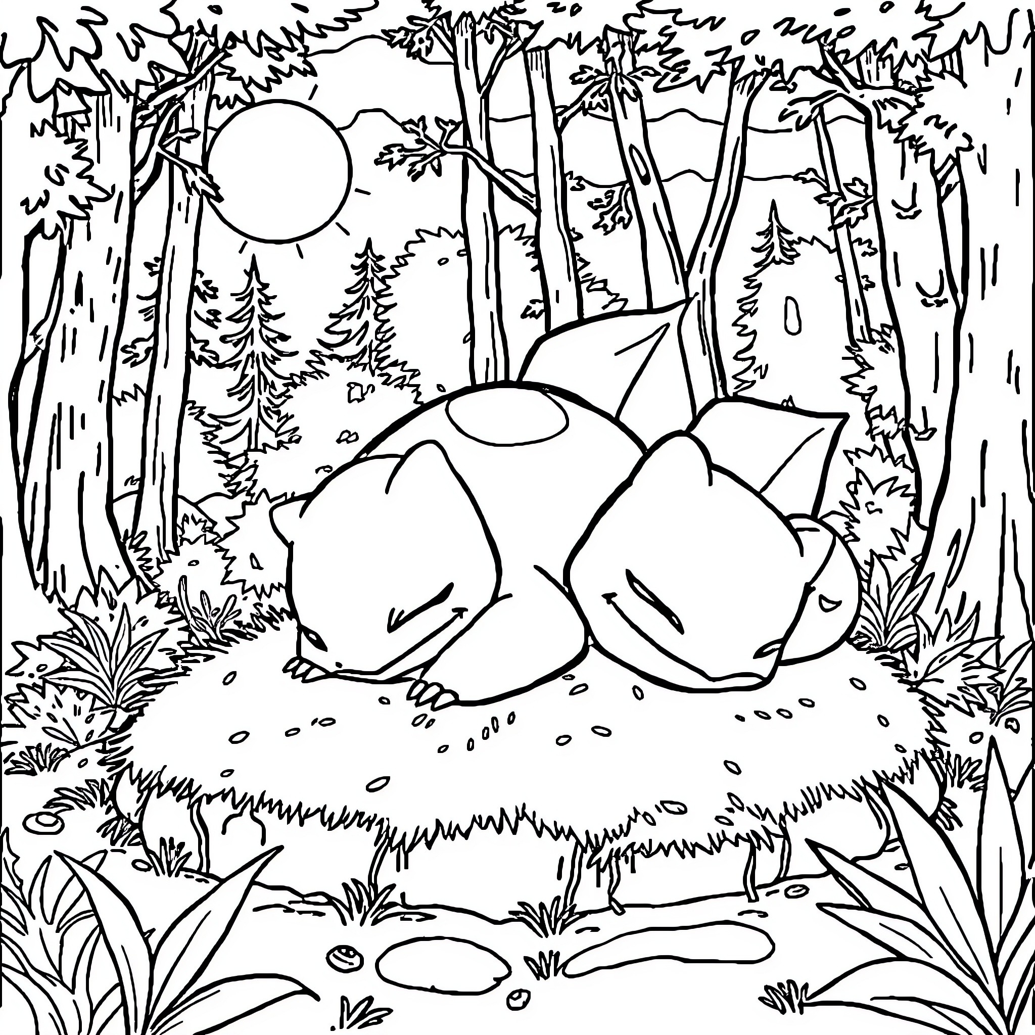 Bulbasaur resting in the forest Coloring Page (free black-and-white line drawing printable PDF for all, from beginners to advanced learners, including children, teens, adults, and seniors)