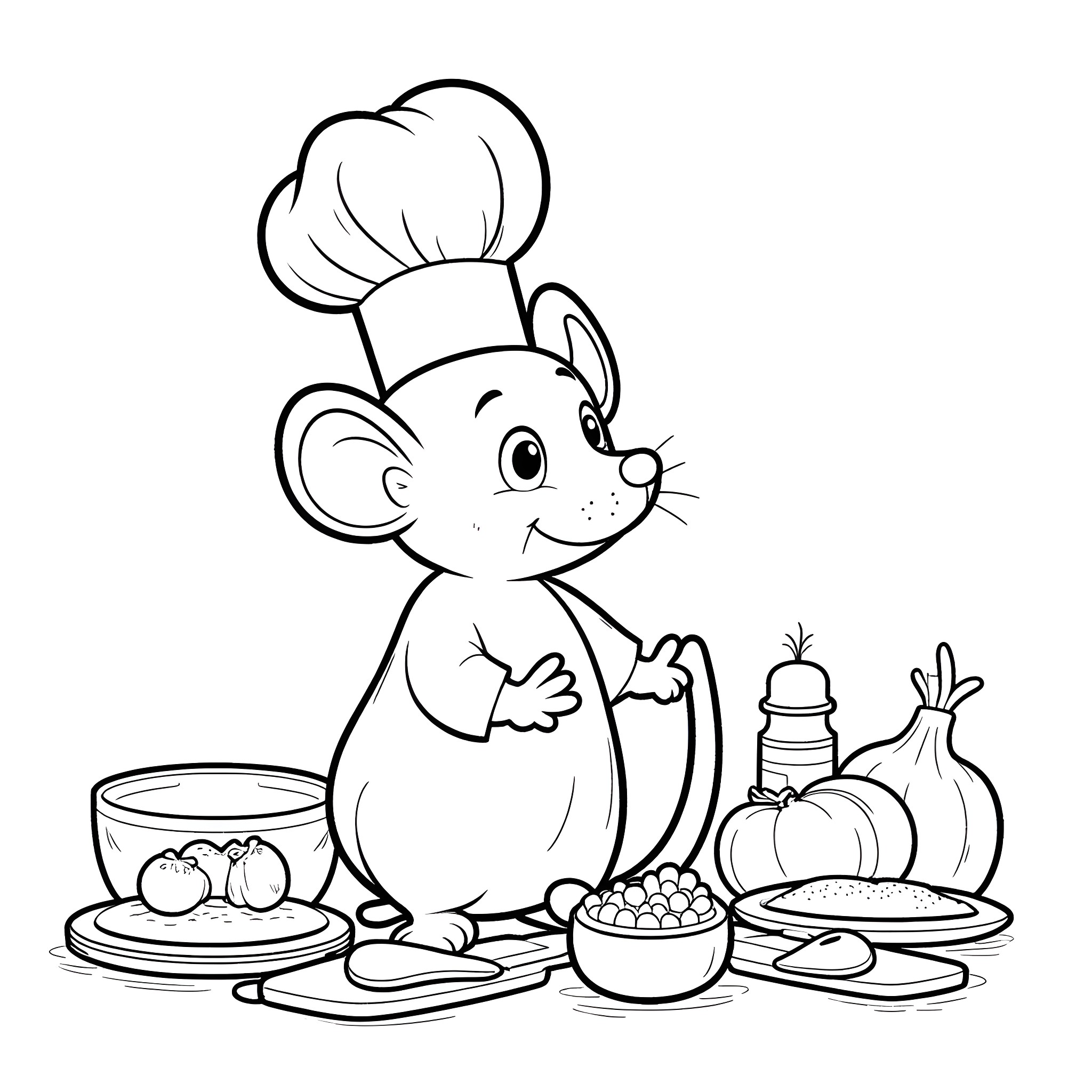 Rat chef preparing delicious meal Coloring Page (free black-and-white line drawing printable PDF for all, from beginners to advanced learners, including children, teens, adults, and seniors)