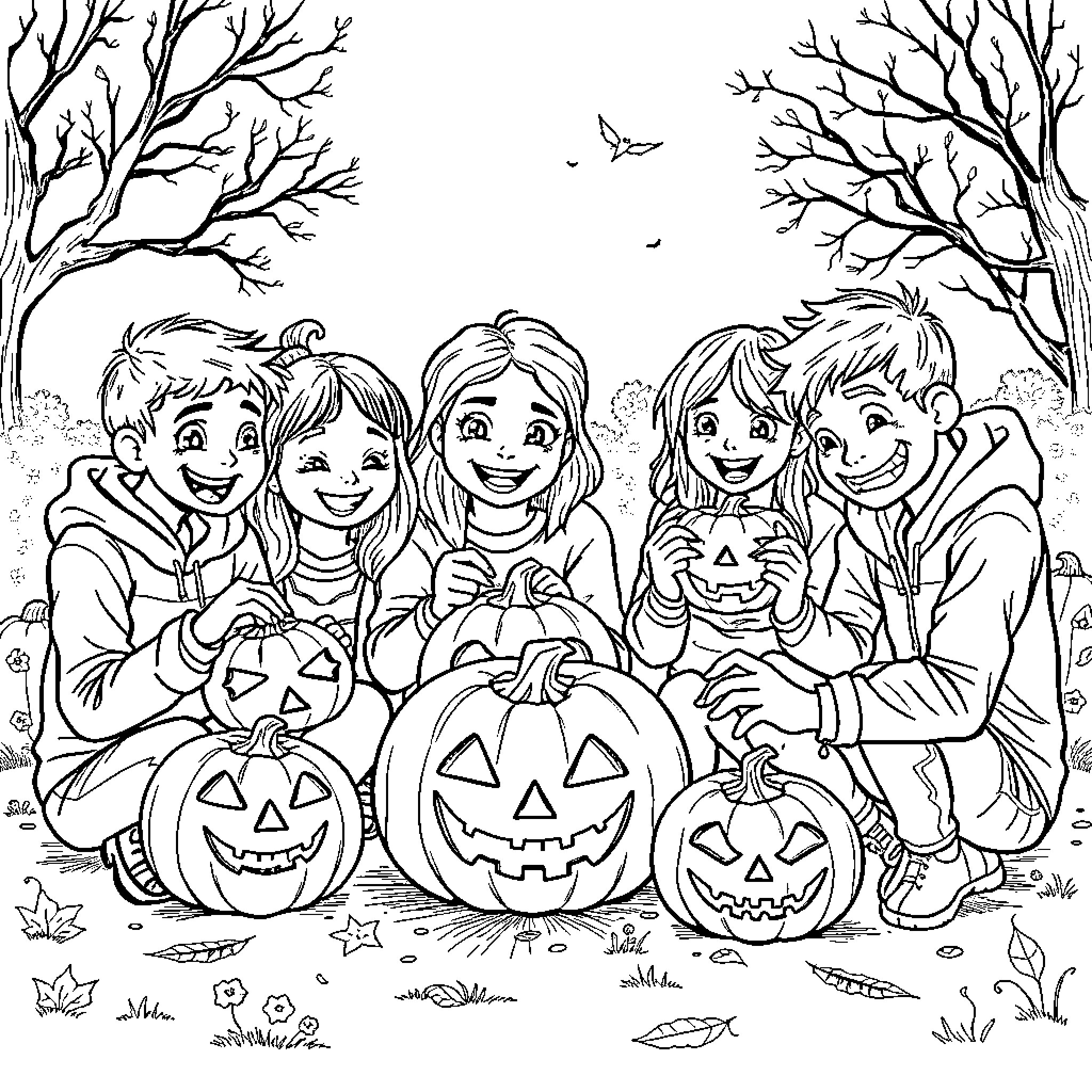 Pumpkin Carving Fun with Friends in the Woods Coloring Page (free black-and-white line drawing printable PDF for all, from beginners to advanced learners, including children, teens, adults, and seniors)