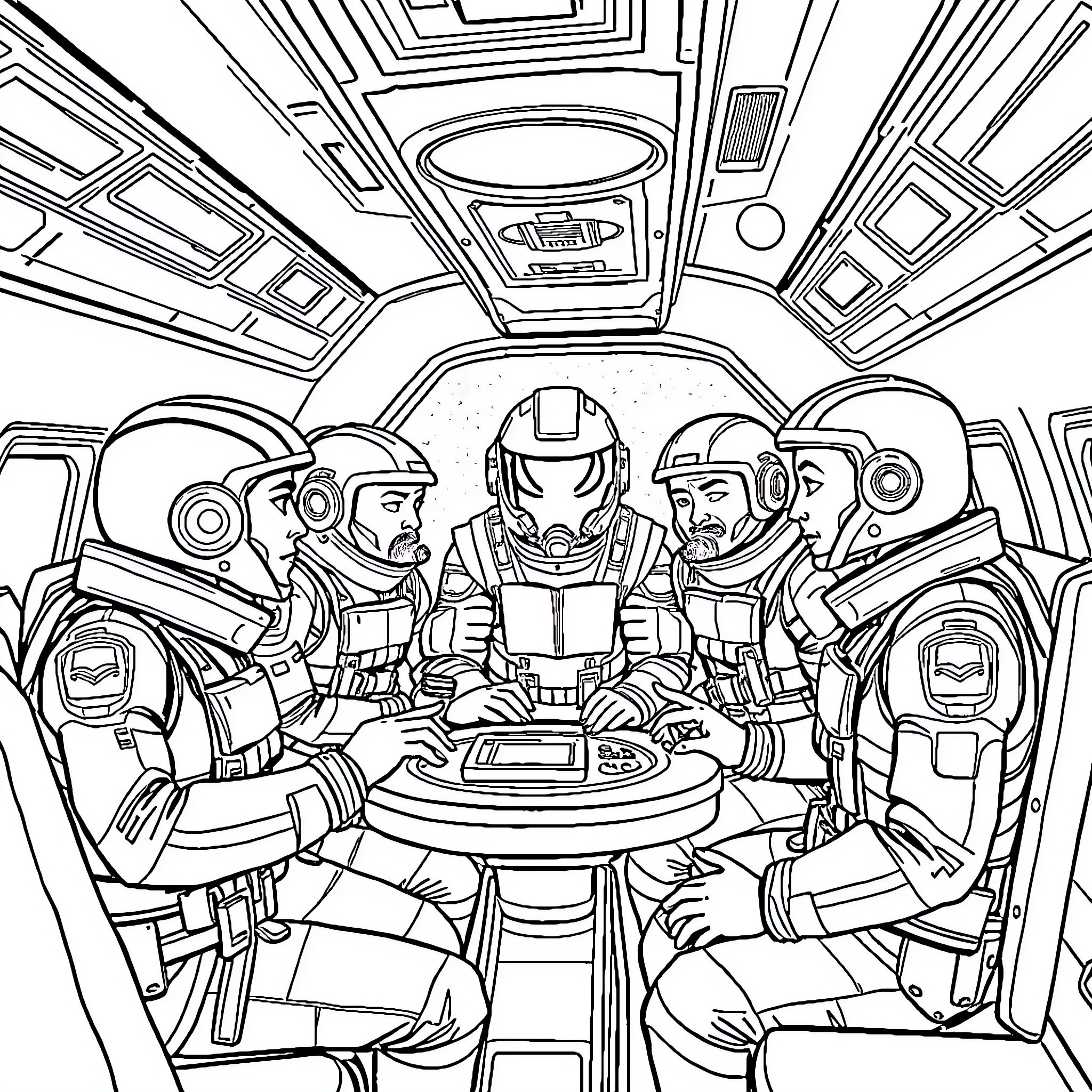 Among Us: Astronauts Gathered in Spacecraft Interior Coloring Page (free black-and-white line drawing printable PDF for all, from beginners to advanced learners, including children, teens, adults, and seniors)
