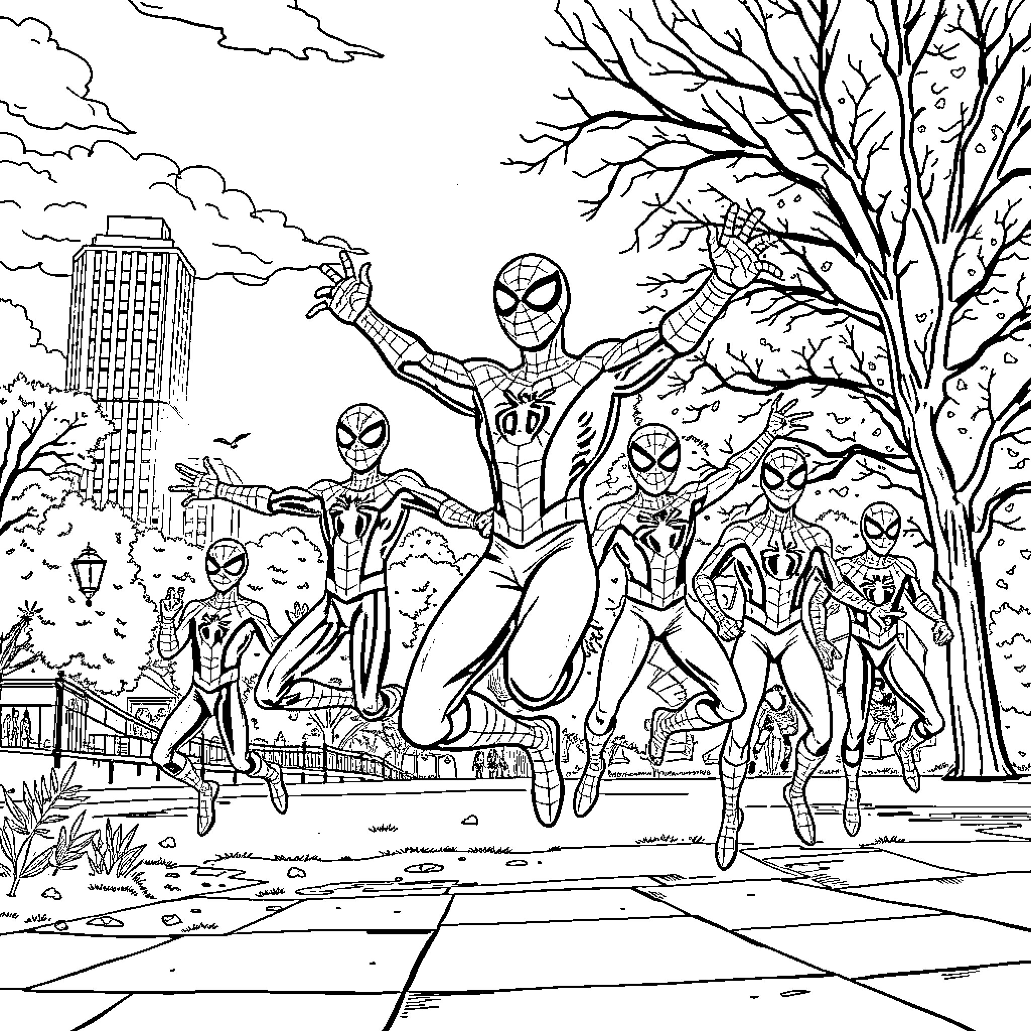 Spiderman and friends in an action-packed cityscape Coloring Page (free black-and-white line drawing printable PDF for all, from beginners to advanced learners, including children, teens, adults, and seniors)