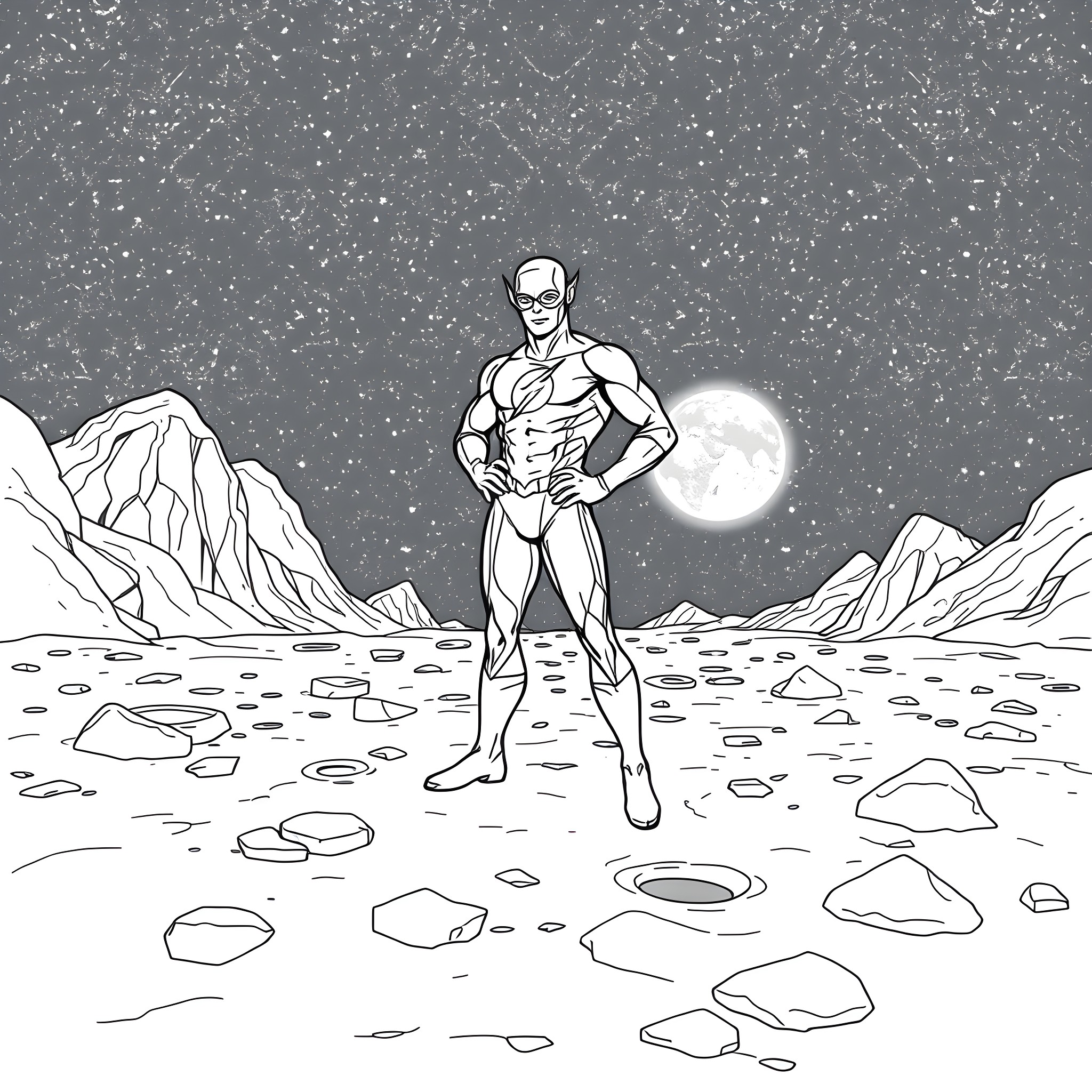Flash of a Superhero on a Moonlit Alien Landscape Coloring Page (free black-and-white line drawing printable PDF for all, from beginners to advanced learners, including children, teens, adults, and seniors)