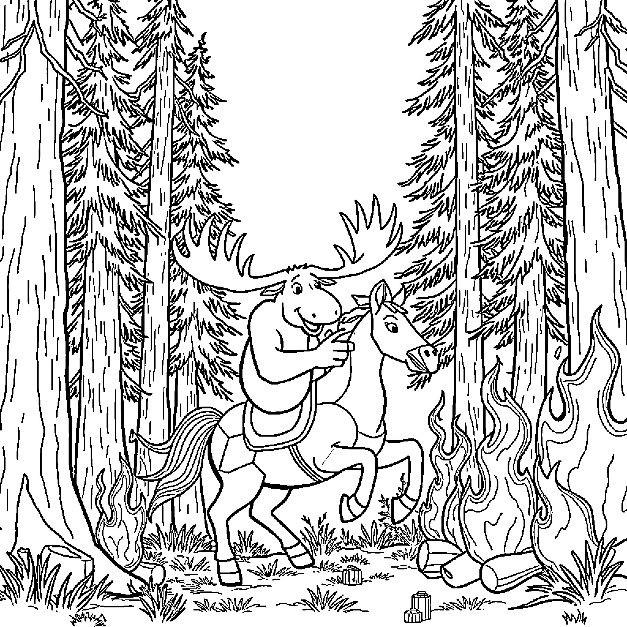 Moose riding a horse in the forest Coloring Page (free black-and-white line drawing printable PDF for all, from beginners to advanced learners, including children, teens, adults, and seniors)