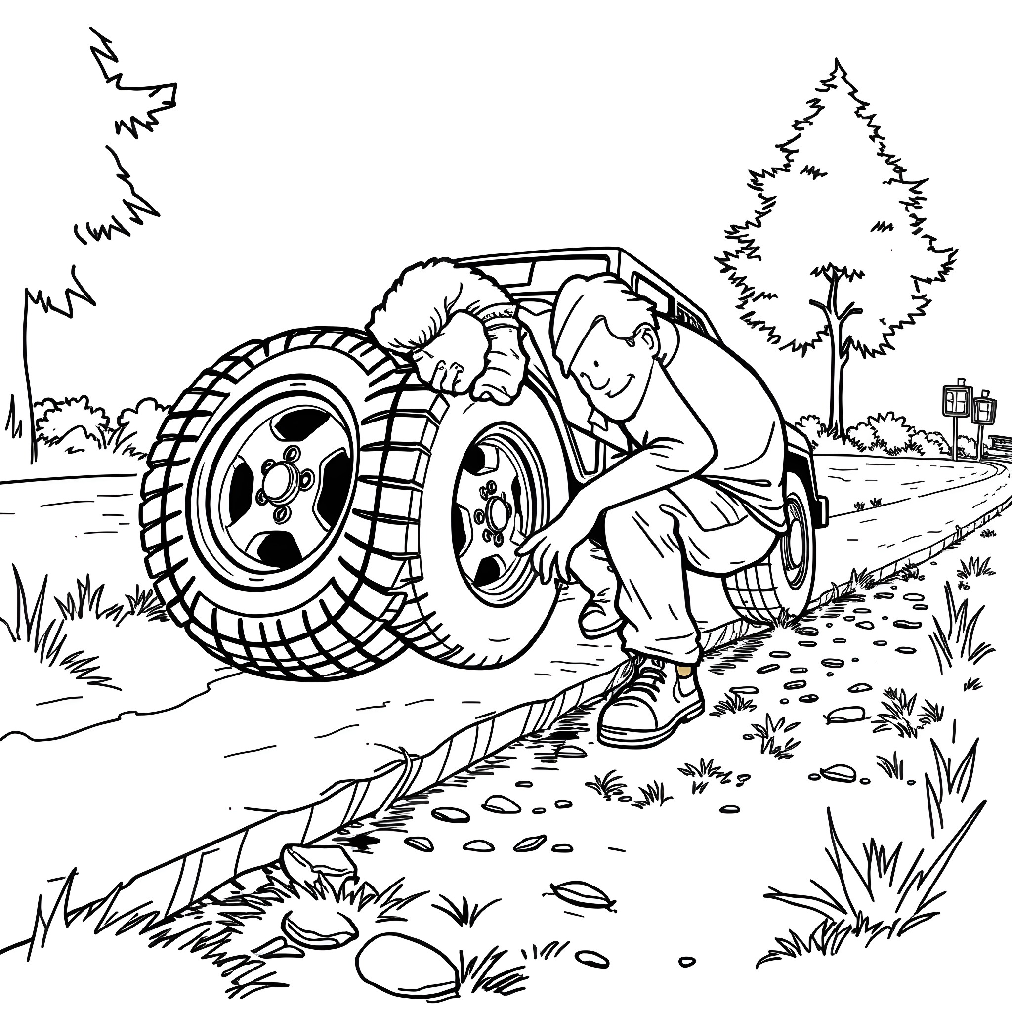 DarkSydePhil Changes Flat Tire on Dirt Road Coloring Page (free black-and-white line drawing printable PDF for all, from beginners to advanced learners, including children, teens, adults, and seniors)