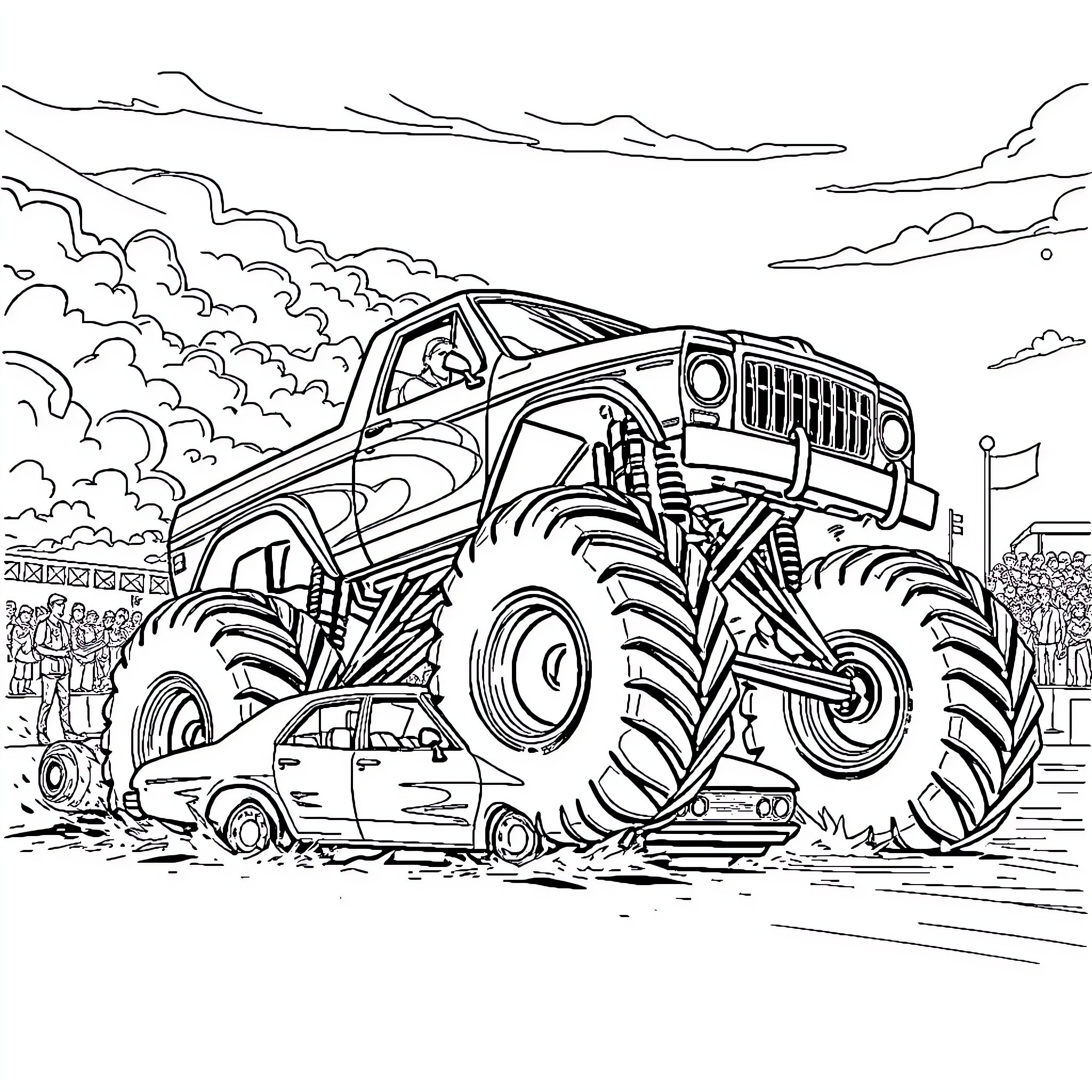 Monster Truck Crushing Small Cars on the Road Coloring Page (free black-and-white line drawing printable PDF for all, from beginners to advanced learners, including children, teens, adults, and seniors)