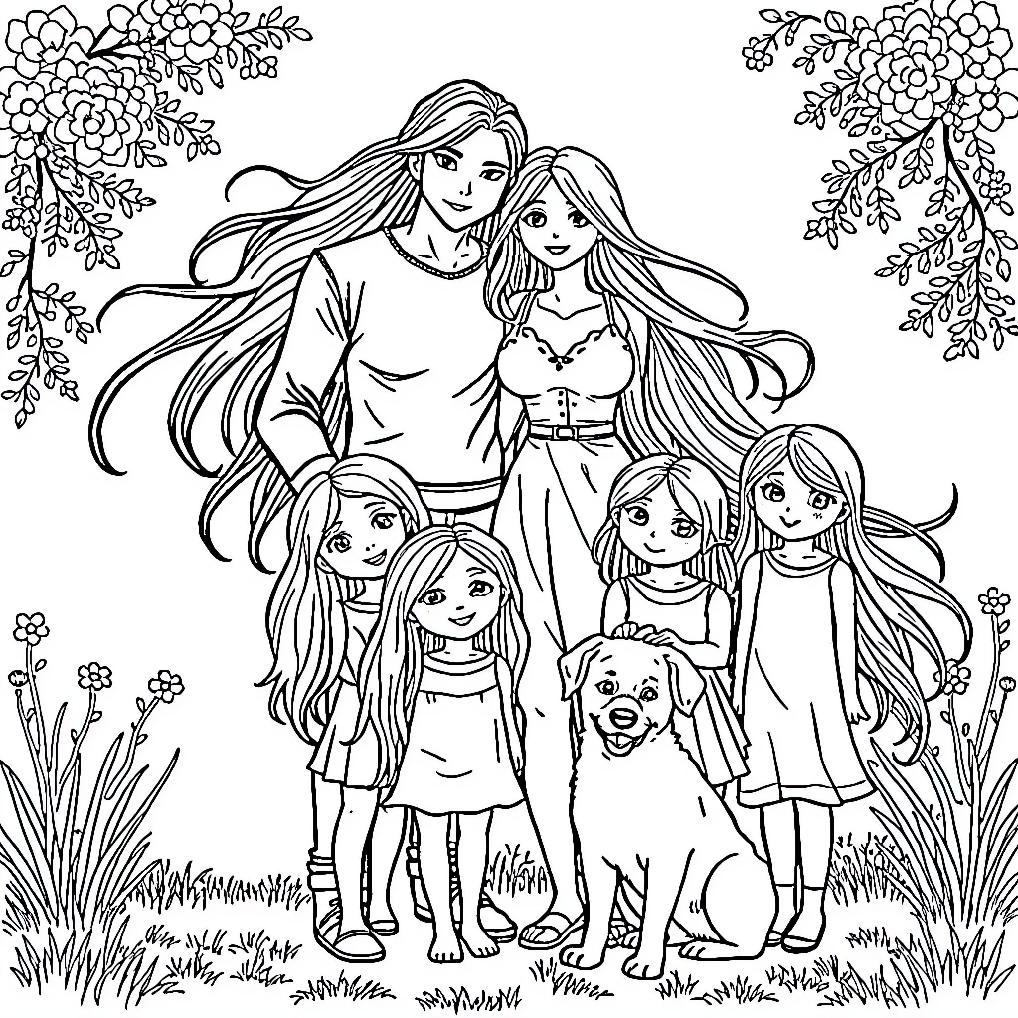 Family enjoying nature with long-haired figures Coloring Page (free black-and-white line drawing printable PDF for all, from beginners to advanced learners, including children, teens, adults, and seniors)
