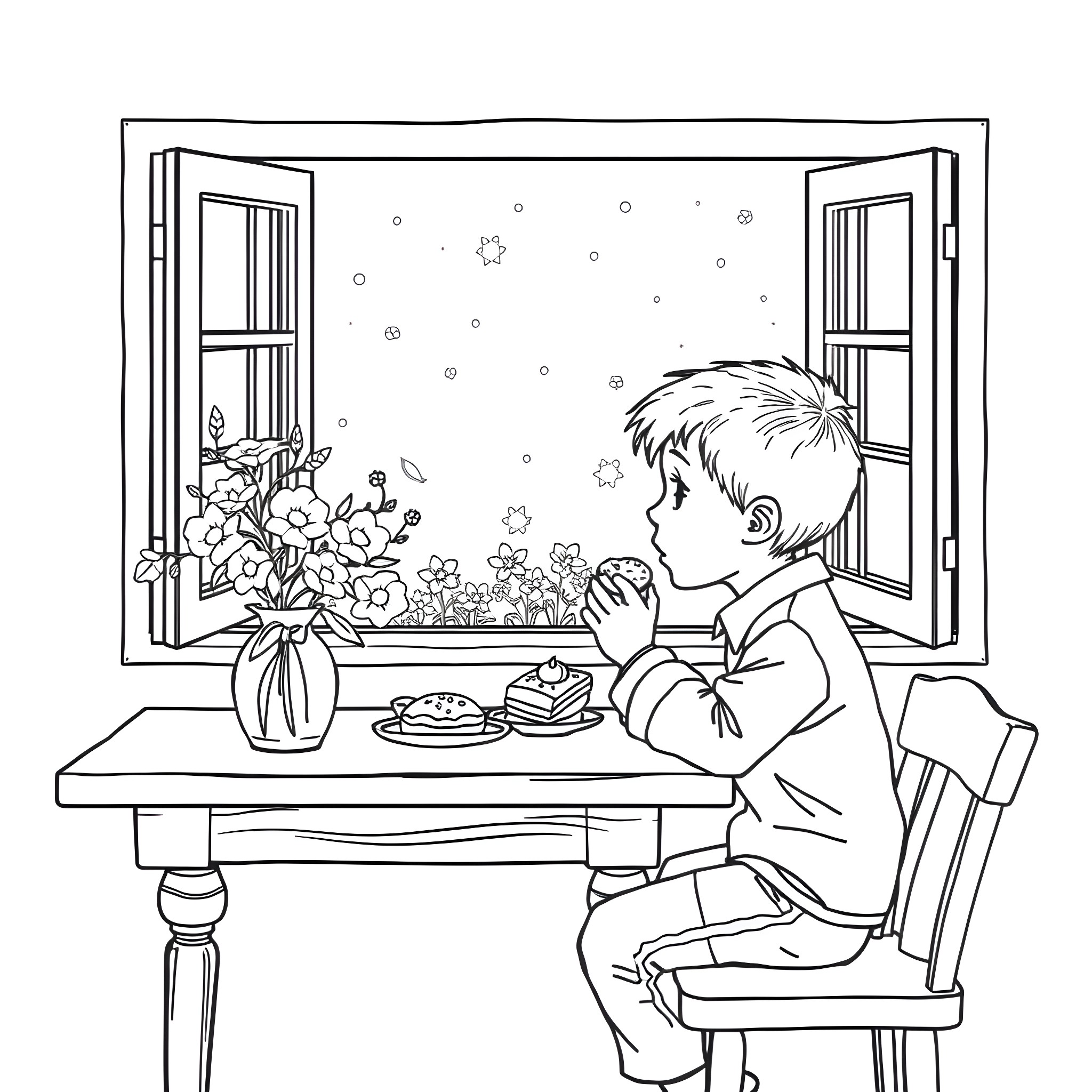 Boy enjoying snacks while looking out the window Coloring Page (free black-and-white line drawing printable PDF for all, from beginners to advanced learners, including children, teens, adults, and seniors)