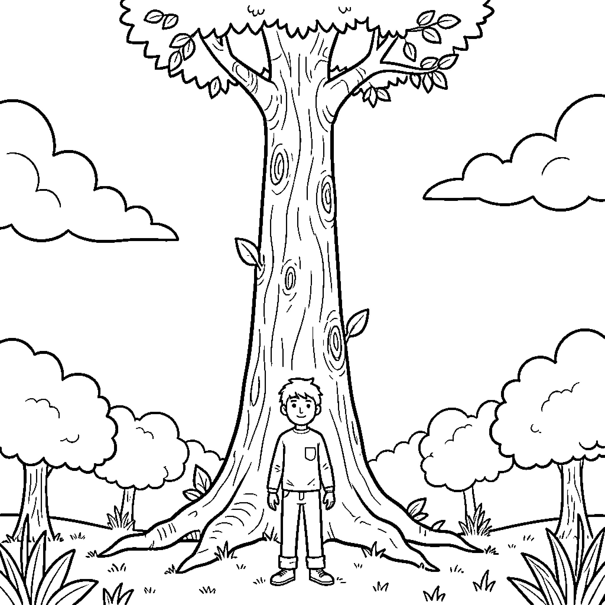 Jack and the Beanstalk - Boy standing under large tree Coloring Page (free black-and-white line drawing printable PDF for all, from beginners to advanced learners, including children, teens, adults, and seniors)