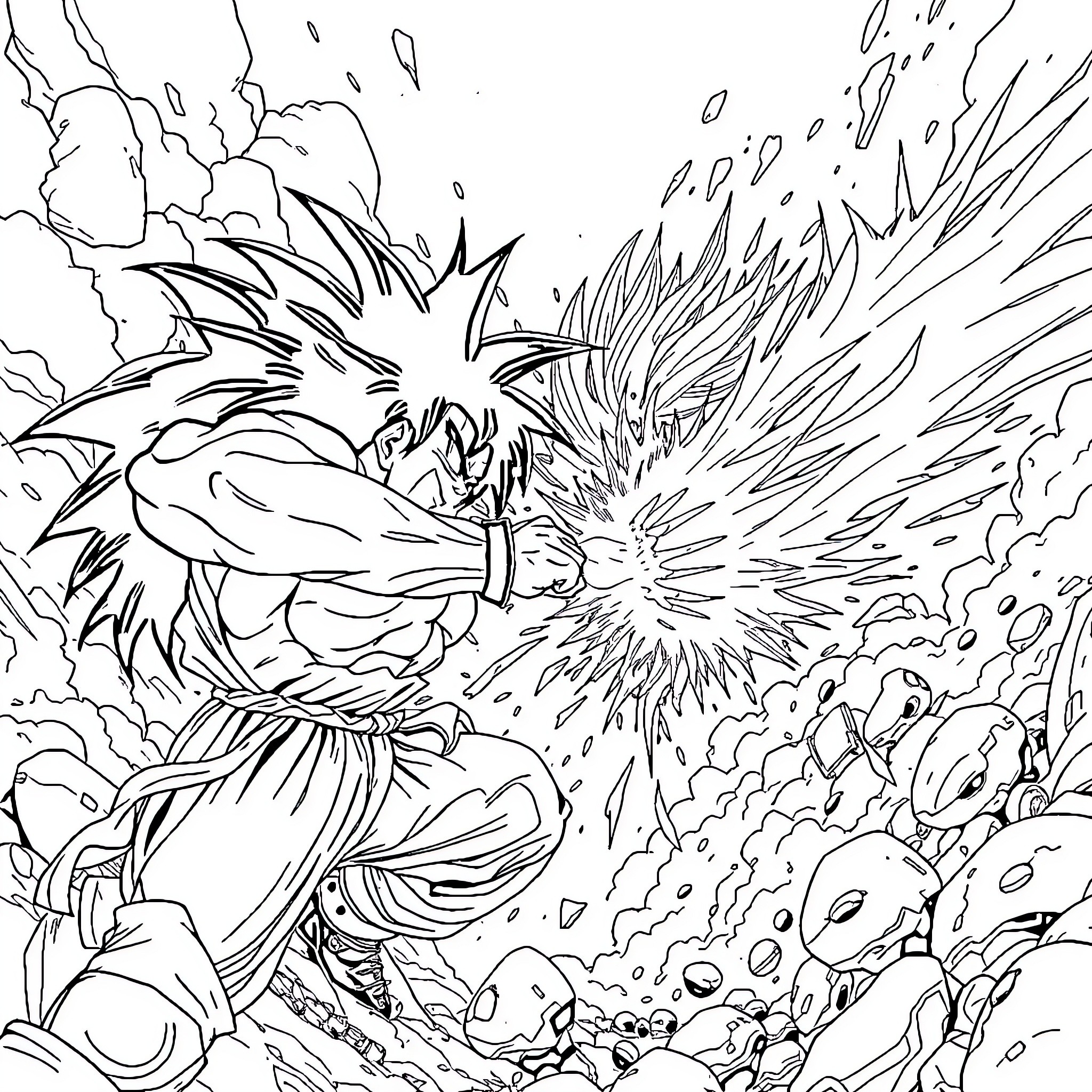 Broly's Explosive Transformation and Power Surge Coloring Page (free black-and-white line drawing printable PDF for all, from beginners to advanced learners, including children, teens, adults, and seniors)