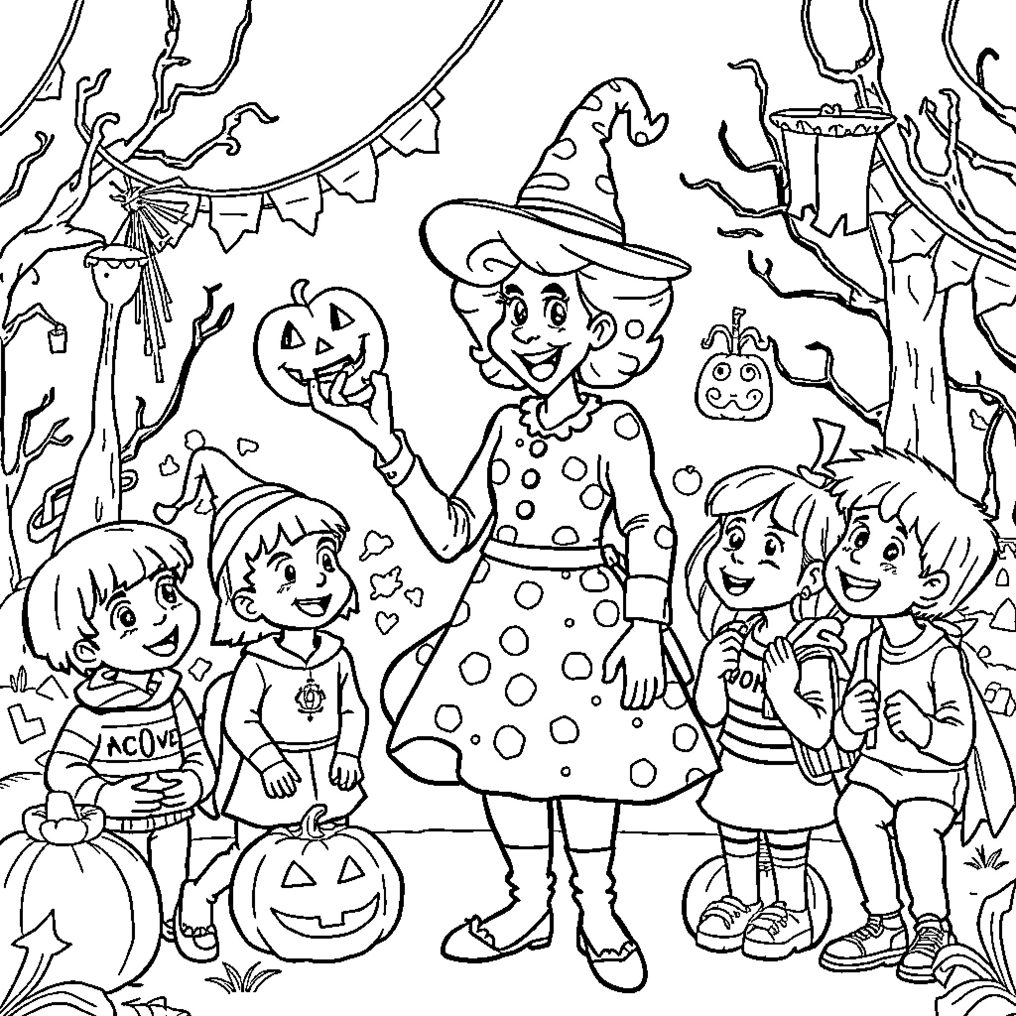 Ms Frizzle's Festive Halloween Adventure with Students Coloring Page (free black-and-white line drawing printable PDF for all, from beginners to advanced learners, including children, teens, adults, and seniors)