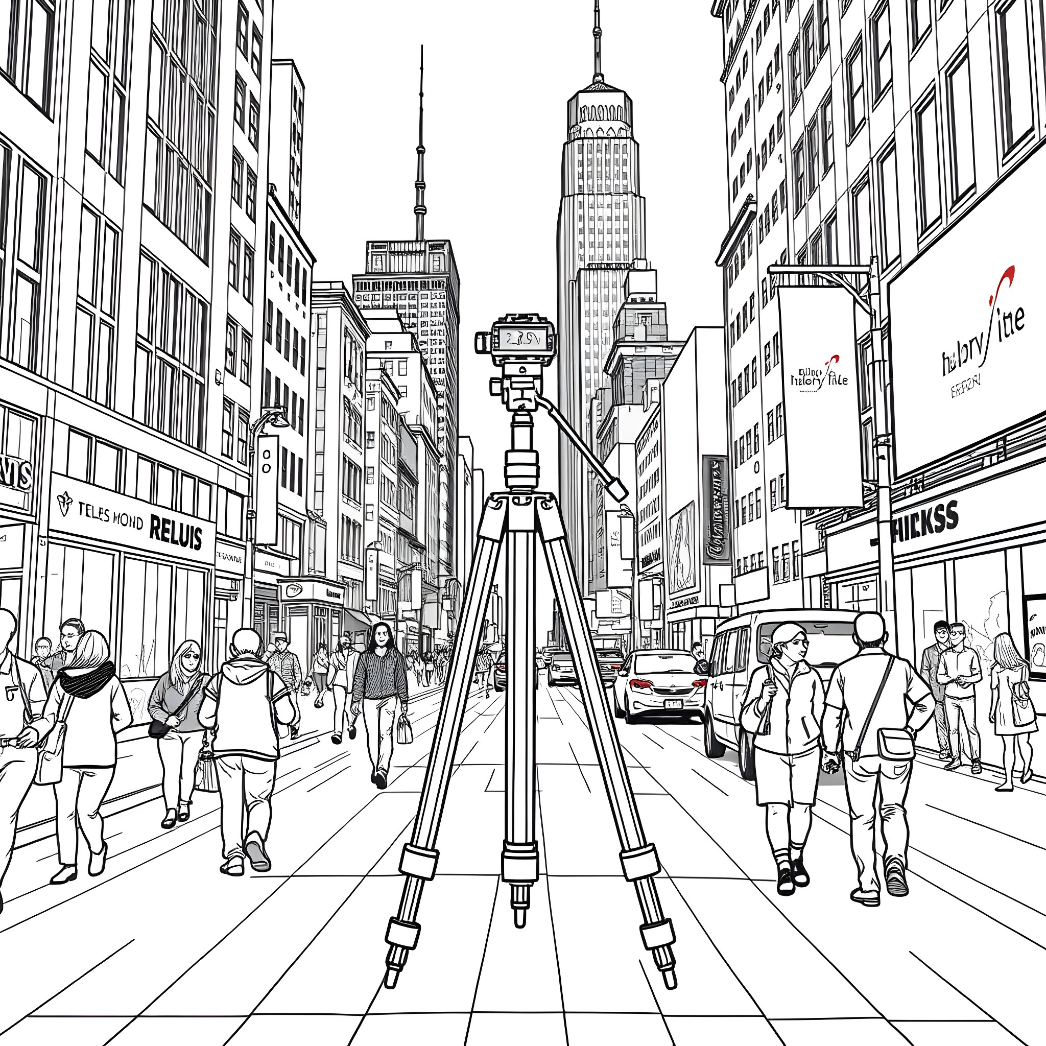 Tripod on busy city street with skyscrapers Coloring Page (free black-and-white line drawing printable PDF for all, from beginners to advanced learners, including children, teens, adults, and seniors)