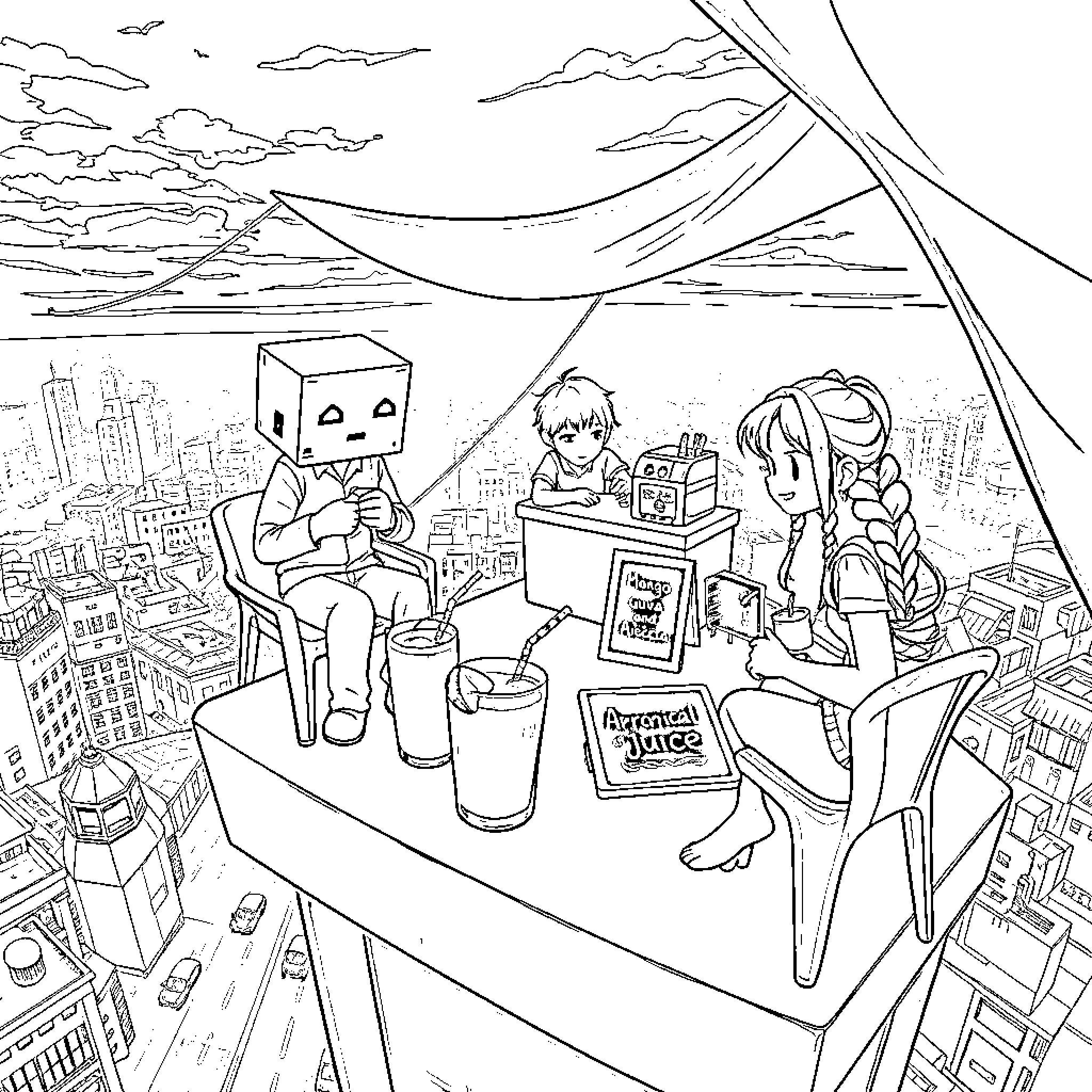 Pepe Characters Enjoying Cityscape View Coloring Page (free black-and-white line drawing printable PDF for all, from beginners to advanced learners, including children, teens, adults, and seniors)