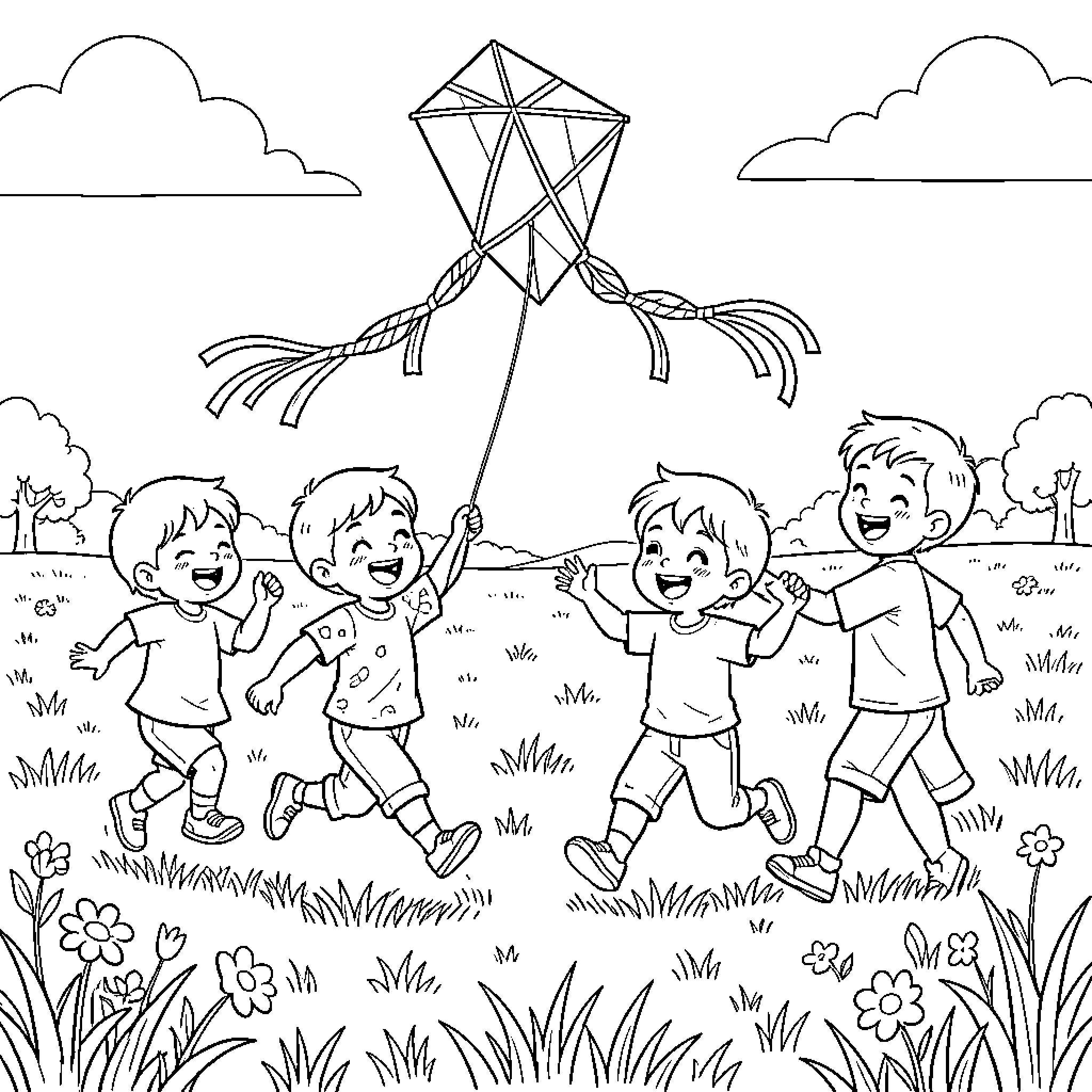 Child running joyfully while flying a kite Coloring Page (free black-and-white line drawing printable PDF for all, from beginners to advanced learners, including children, teens, adults, and seniors)