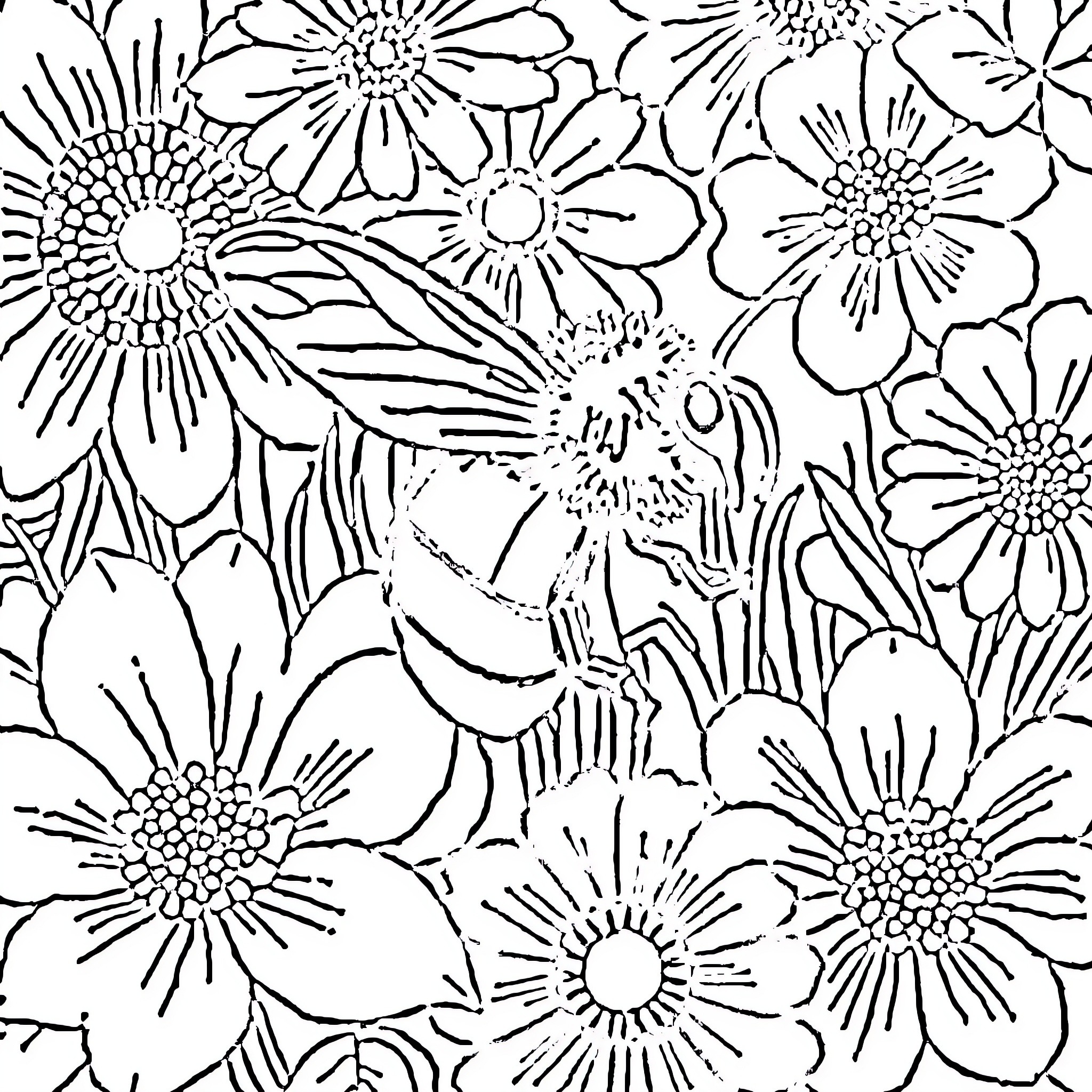 Bee flying among vibrant floral patterns Coloring Page (free black-and-white line drawing printable PDF for all, from beginners to advanced learners, including children, teens, adults, and seniors)