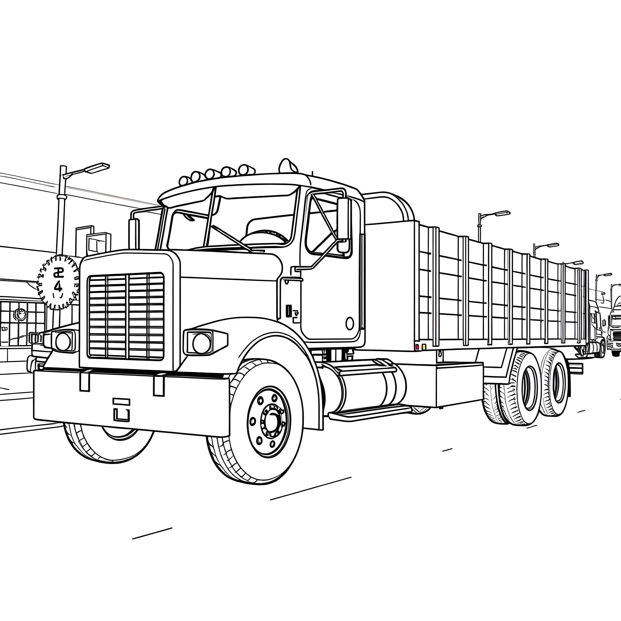Flatbed truck transporting cargo on the road Coloring Page (free black-and-white line drawing printable PDF for all, from beginners to advanced learners, including children, teens, adults, and seniors)