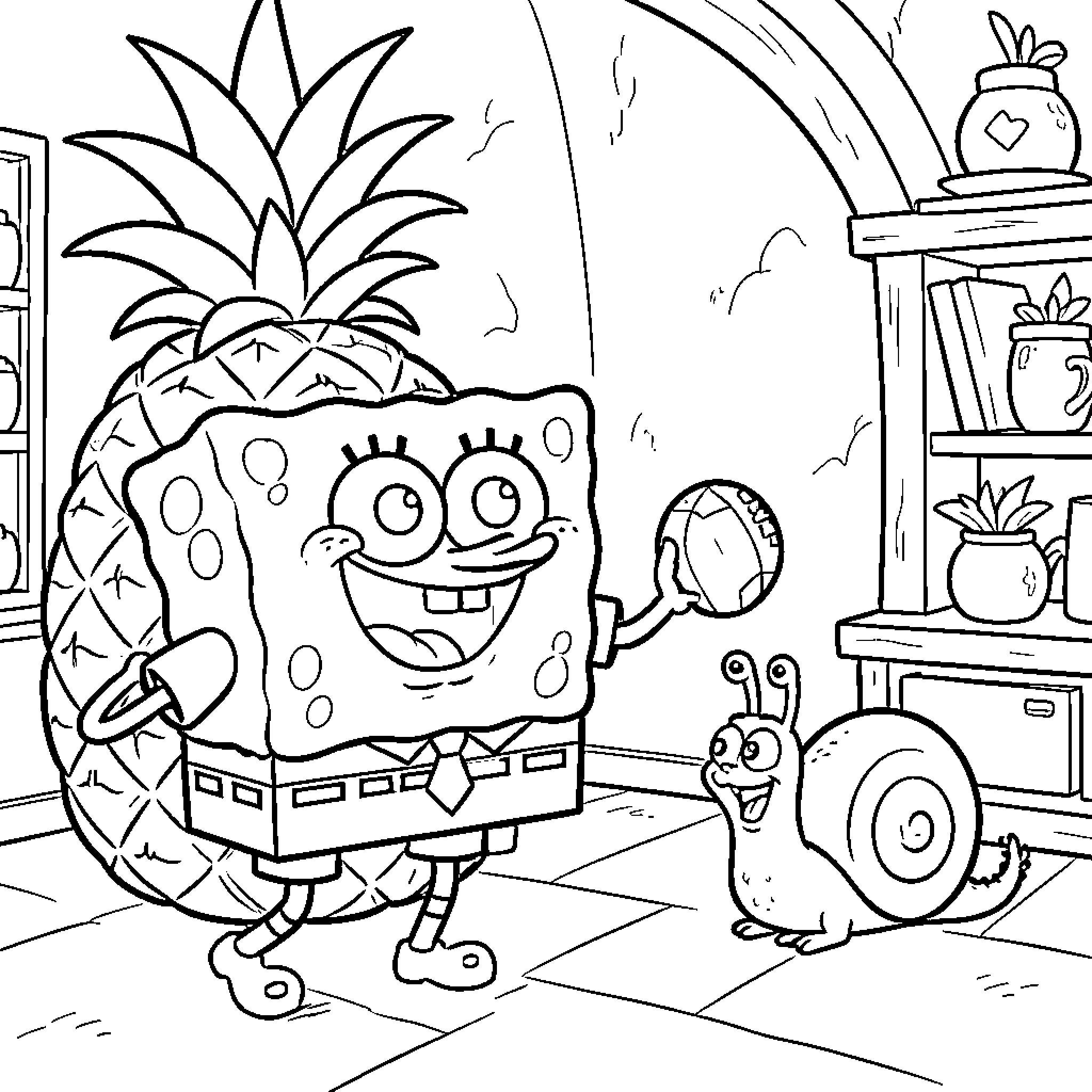 Spongebob's pineapple home with friends and plants Coloring Page (free black-and-white line drawing printable PDF for all, from beginners to advanced learners, including children, teens, adults, and seniors)