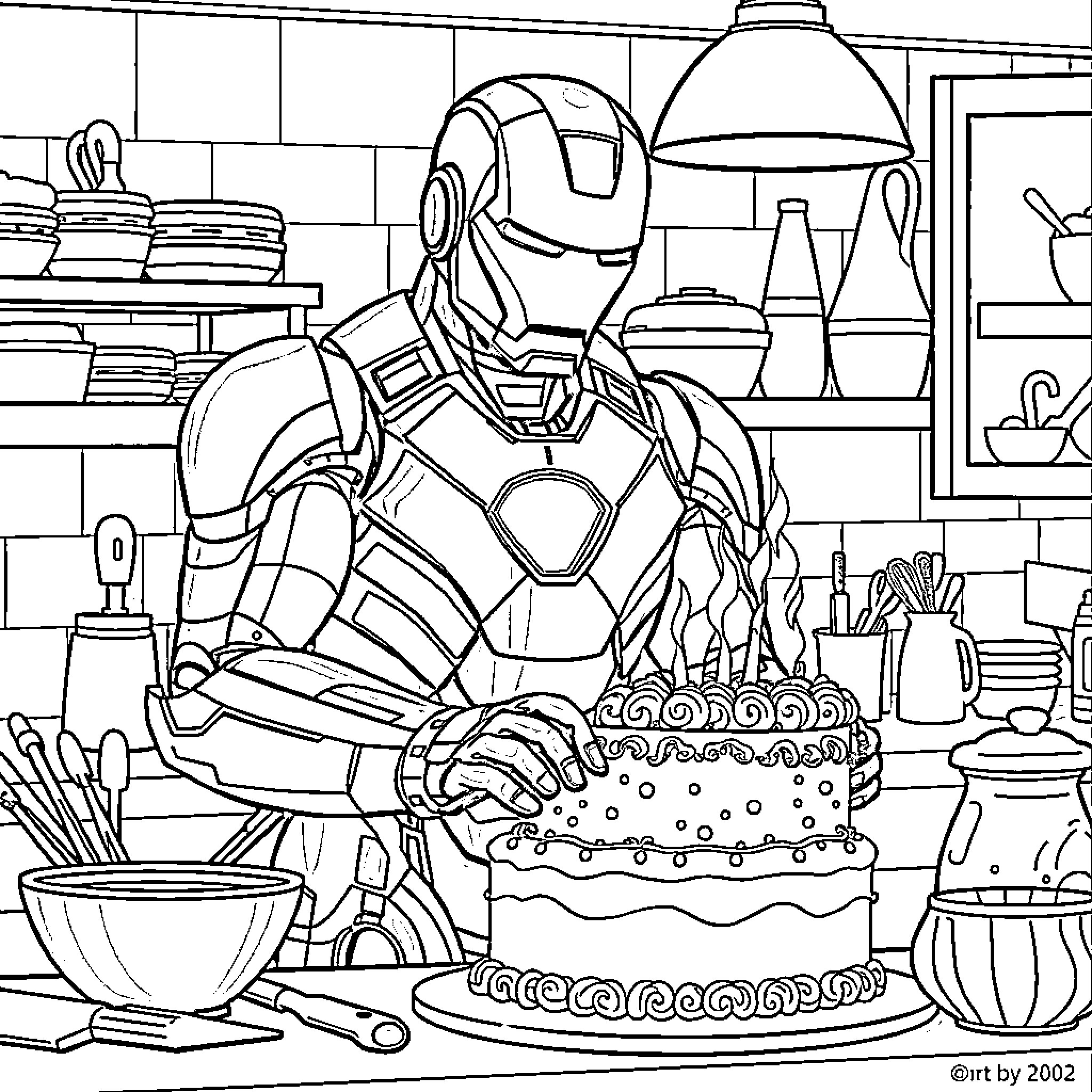Ironman Baking a Cake in the Kitchen Coloring Page (free black-and-white line drawing printable PDF for all, from beginners to advanced learners, including children, teens, adults, and seniors)