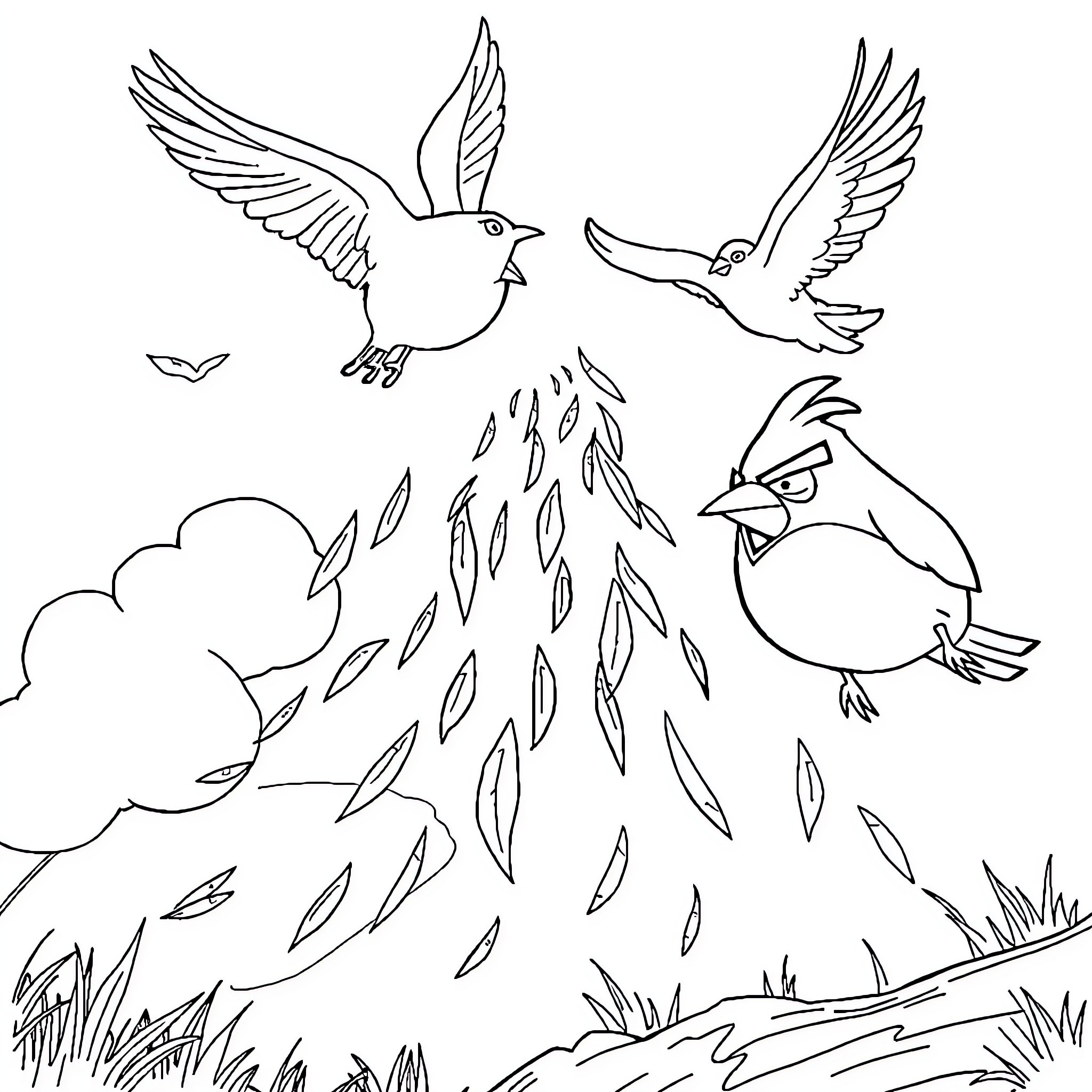 Bird flight and feathers in the sky Coloring Page (free black-and-white line drawing printable PDF for all, from beginners to advanced learners, including children, teens, adults, and seniors)