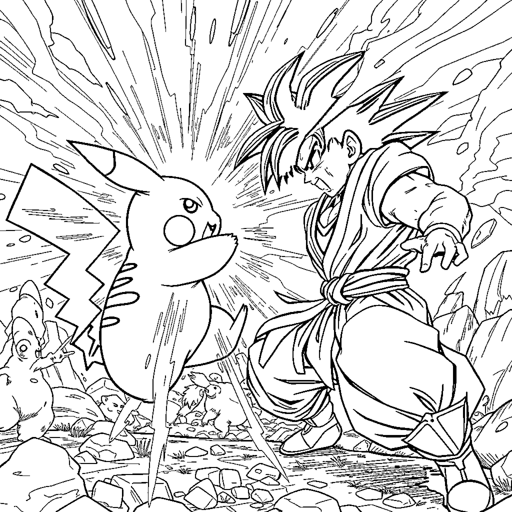 Pikachu's Explosive Encounter with a Warrior Coloring Page (free black-and-white line drawing printable PDF for all, from beginners to advanced learners, including children, teens, adults, and seniors)