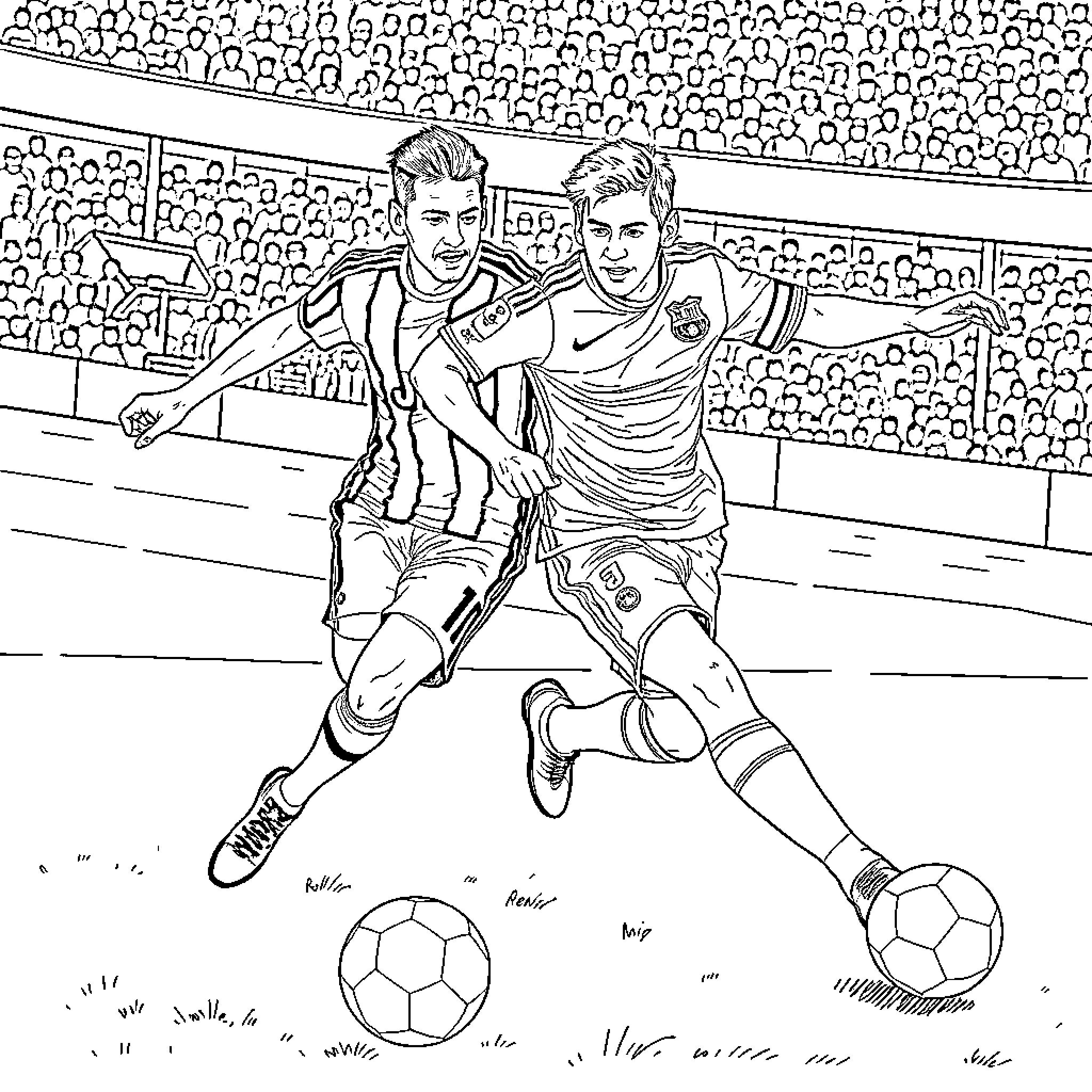 Soccer players compete intensely on the field Coloring Page (free black-and-white line drawing printable PDF for all, from beginners to advanced learners, including children, teens, adults, and seniors)