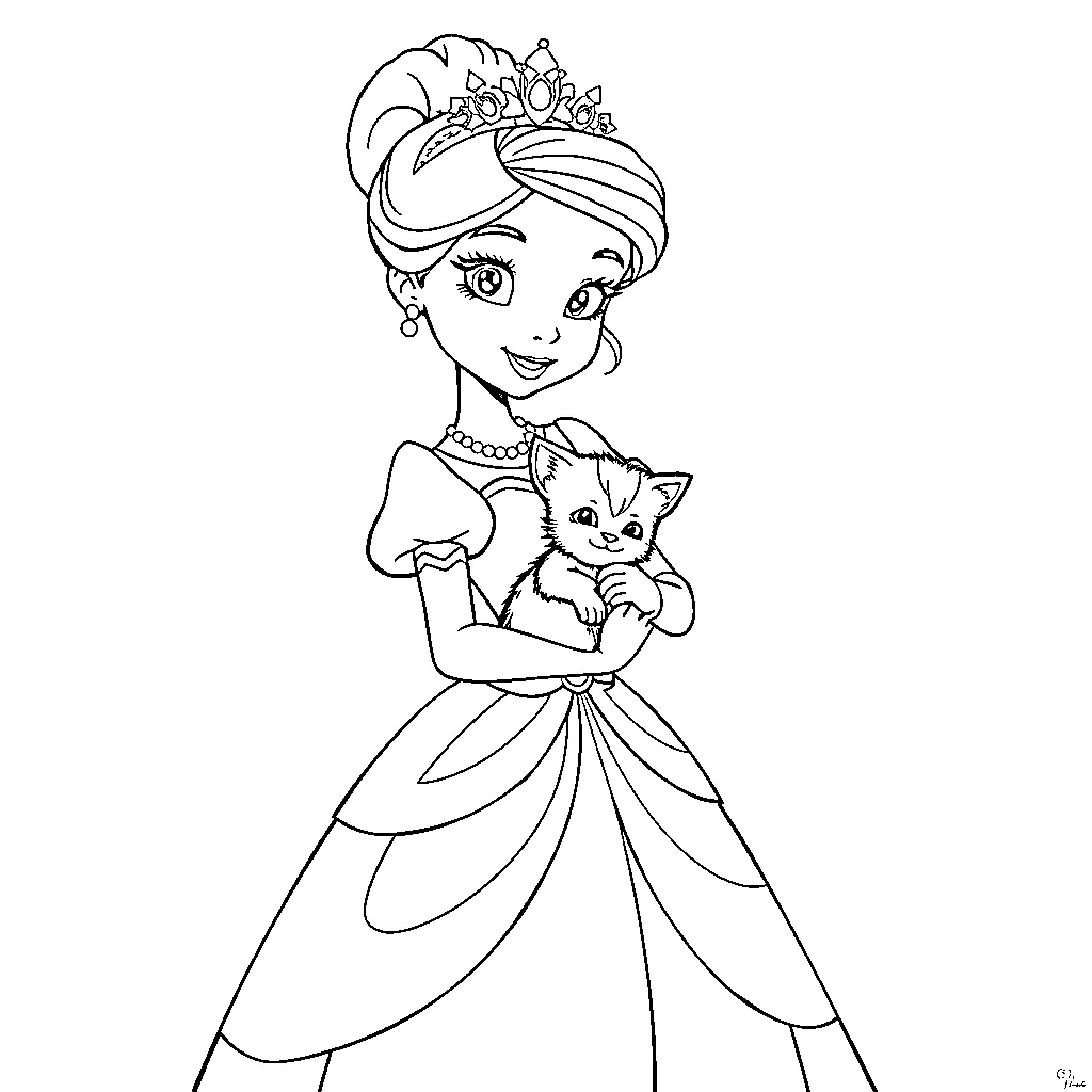 Princess posing with a pet kitten Coloring Page (free black-and-white line drawing printable PDF for all, from beginners to advanced learners, including children, teens, adults, and seniors)