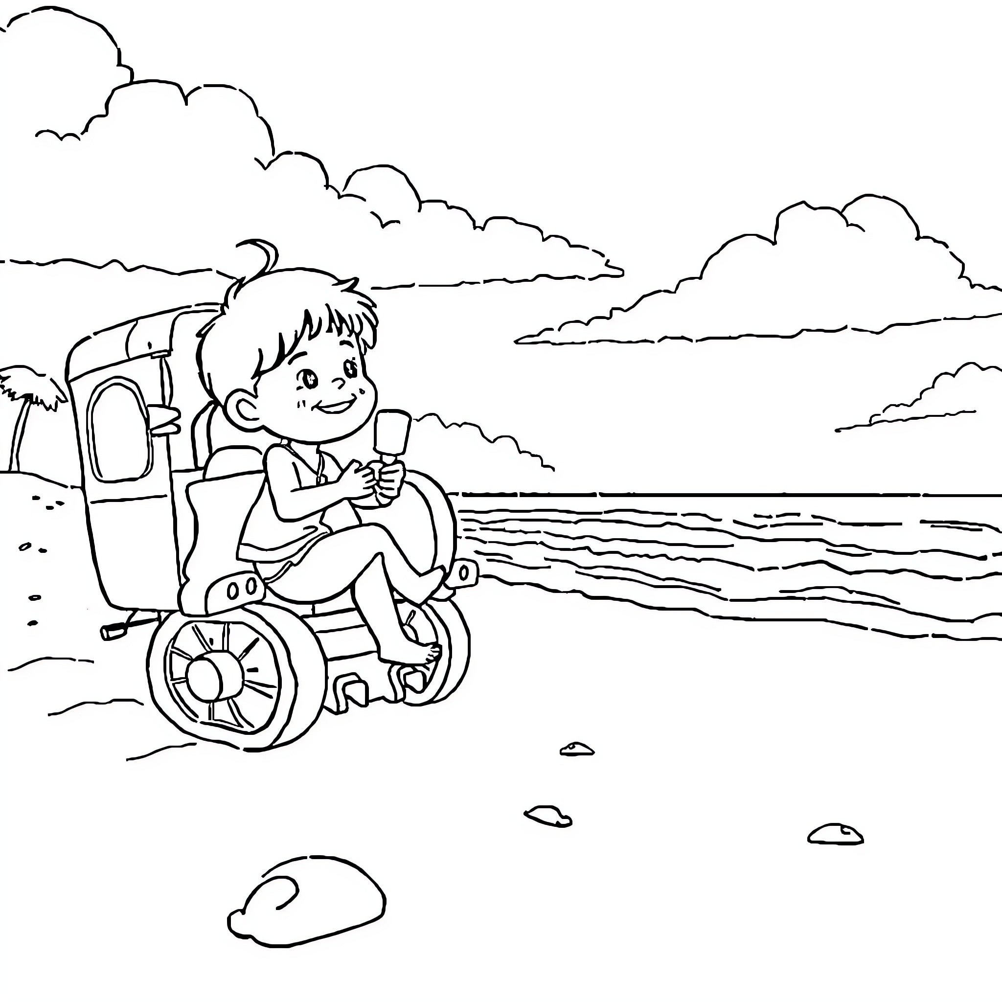 Stitch enjoying seaside tranquility on wheelchair Coloring Page (free black-and-white line drawing printable PDF for all, from beginners to advanced learners, including children, teens, adults, and seniors)