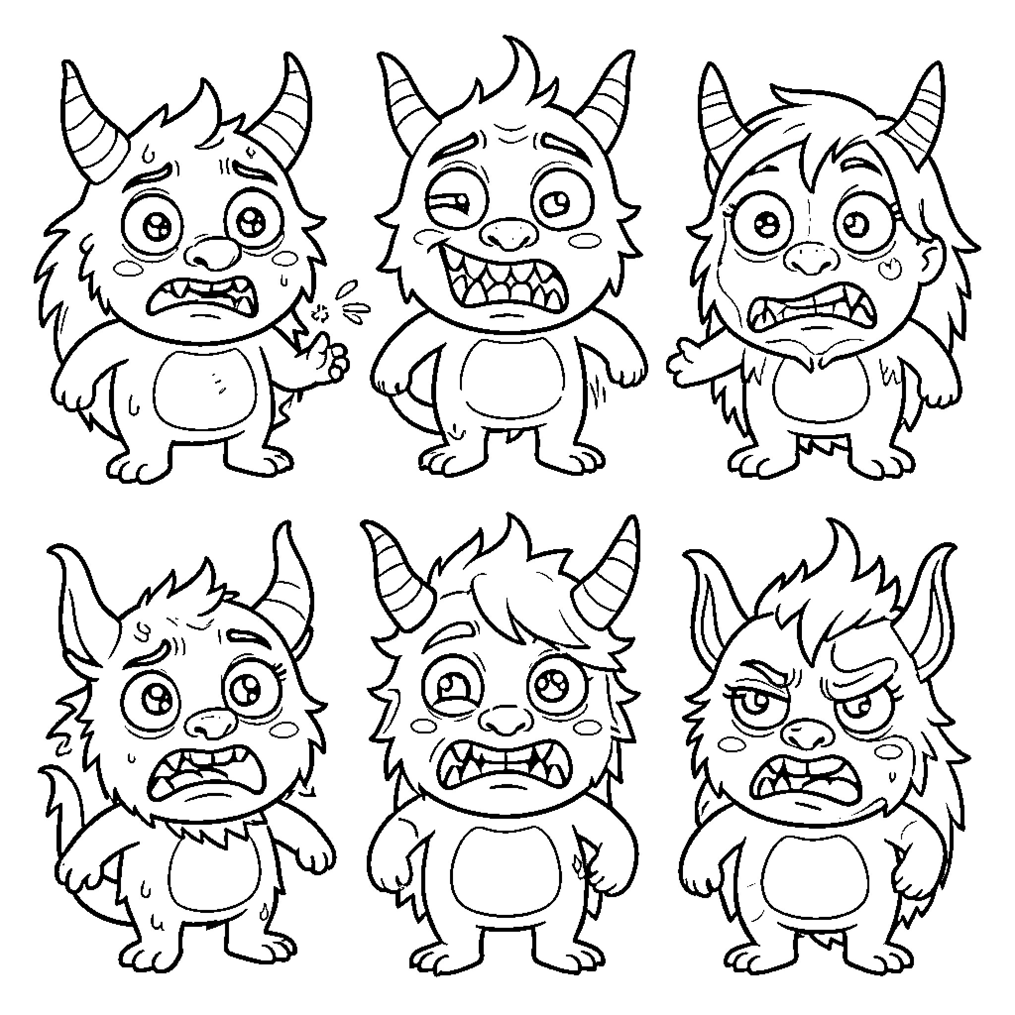 Monster characters making different expressions Coloring Page (free black-and-white line drawing printable PDF for all, from beginners to advanced learners, including children, teens, adults, and seniors)