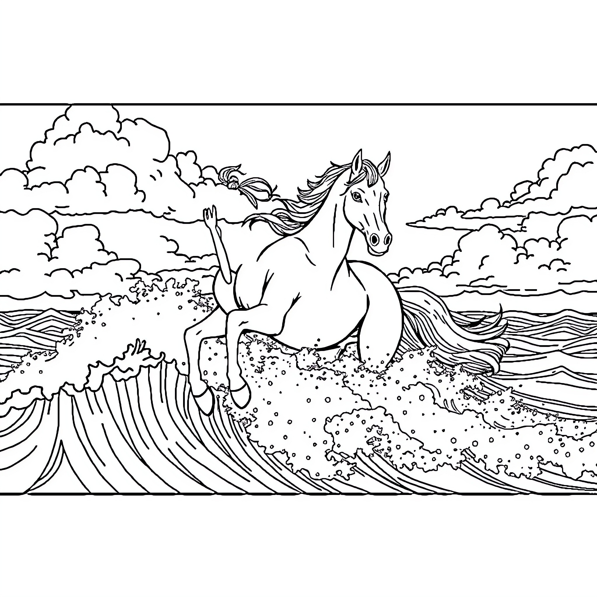 Horse riding on crashing waves in stormy seas Coloring Page (free black-and-white line drawing printable PDF for all, from beginners to advanced learners, including children, teens, adults, and seniors)
