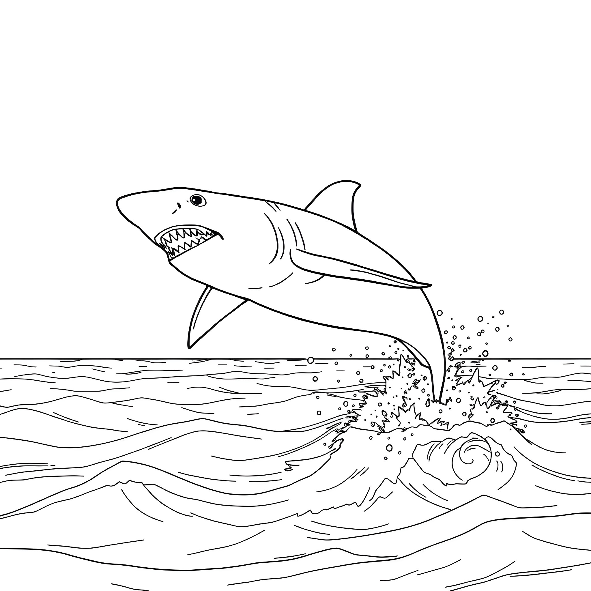 Shark jumping out of the waves Coloring Page (free black-and-white line drawing printable PDF for all, from beginners to advanced learners, including children, teens, adults, and seniors)