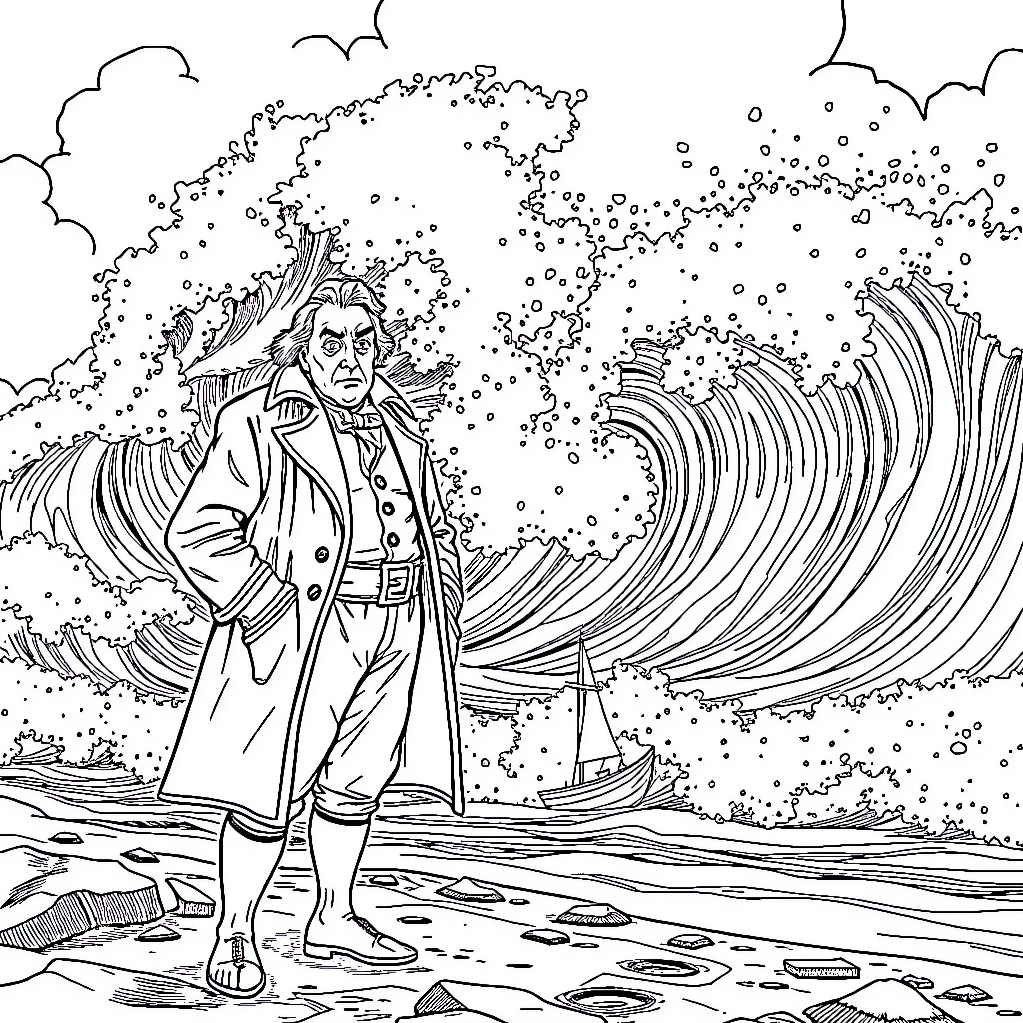 Edmund Burke standing amidst a stormy coastal landscape Coloring Page (free black-and-white line drawing printable PDF for all, from beginners to advanced learners, including children, teens, adults, and seniors)