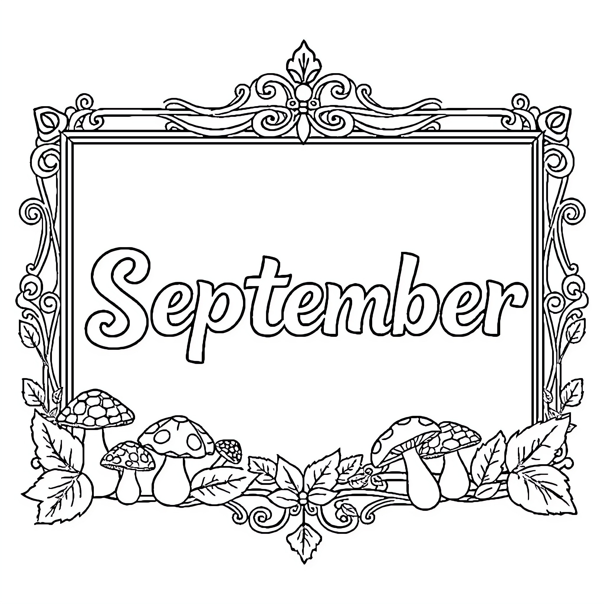 September frame with mushrooms and leaves Coloring Page (free black-and-white line drawing printable PDF for all, from beginners to advanced learners, including children, teens, adults, and seniors)