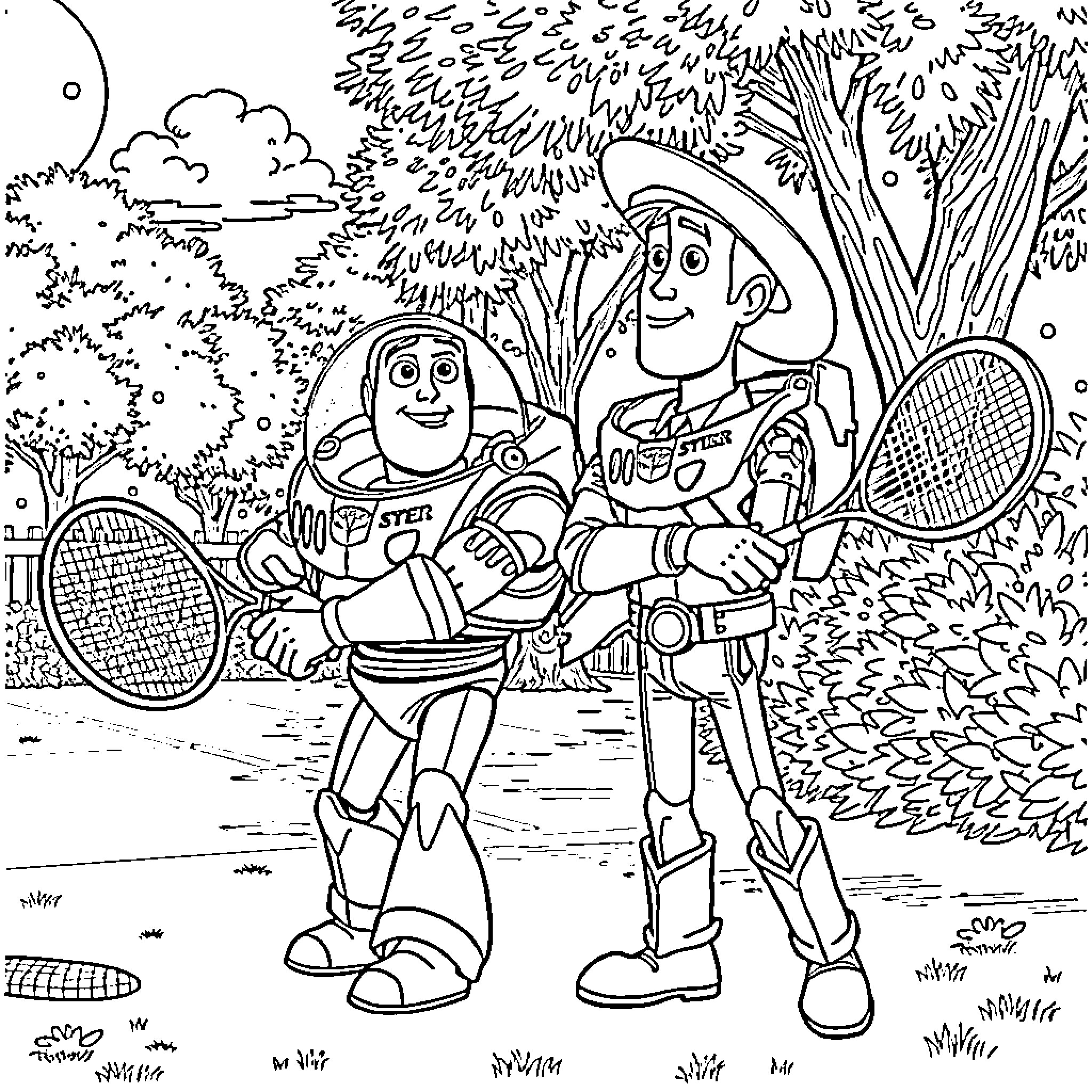 Buzz Lightyear and Woody playing tennis in the park Coloring Page (free black-and-white line drawing printable PDF for all, from beginners to advanced learners, including children, teens, adults, and seniors)