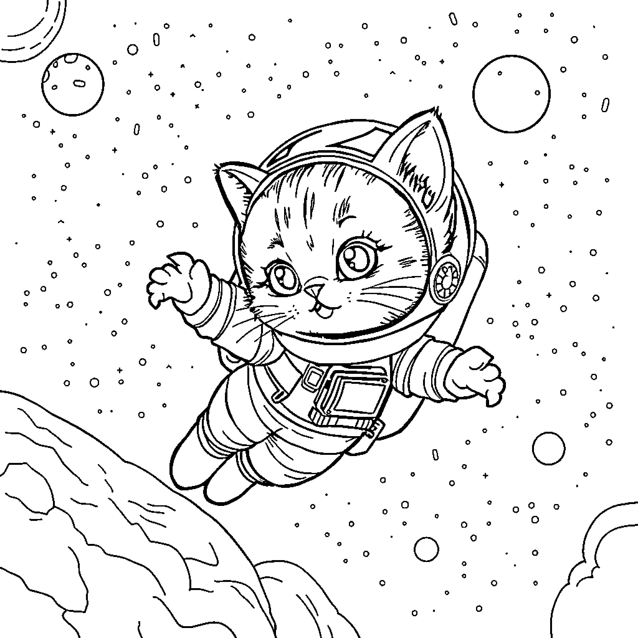 Kitten astronaut exploring the galaxy Coloring Page (free black-and-white line drawing printable PDF for all, from beginners to advanced learners, including children, teens, adults, and seniors)