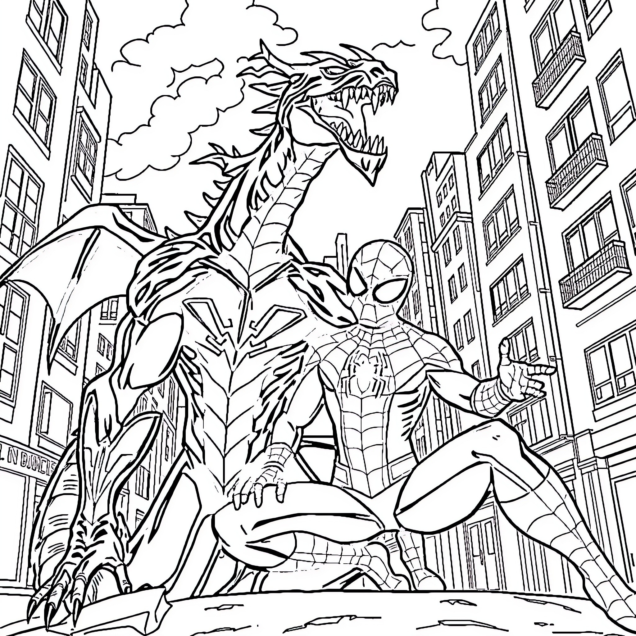 Draco and Spider-man face off in the city Coloring Page (free black-and-white line drawing printable PDF for all, from beginners to advanced learners, including children, teens, adults, and seniors)