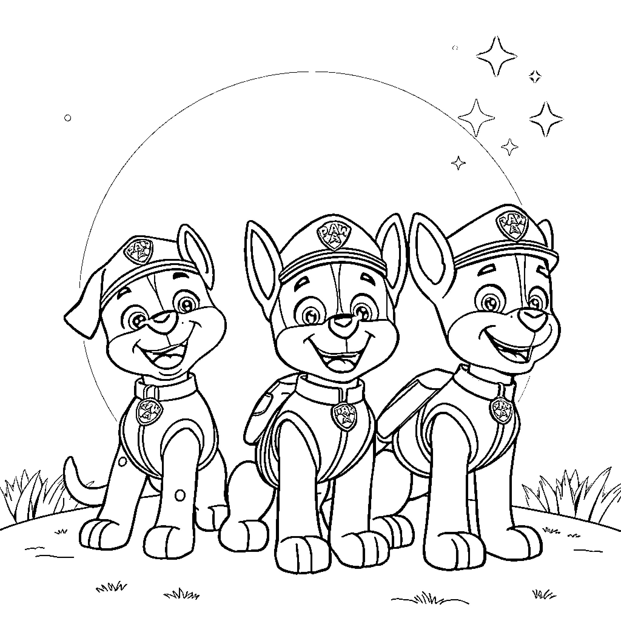 Paw Patrol Puppies in Action with Stars Coloring Page (free black-and-white line drawing printable PDF for all, from beginners to advanced learners, including children, teens, adults, and seniors)