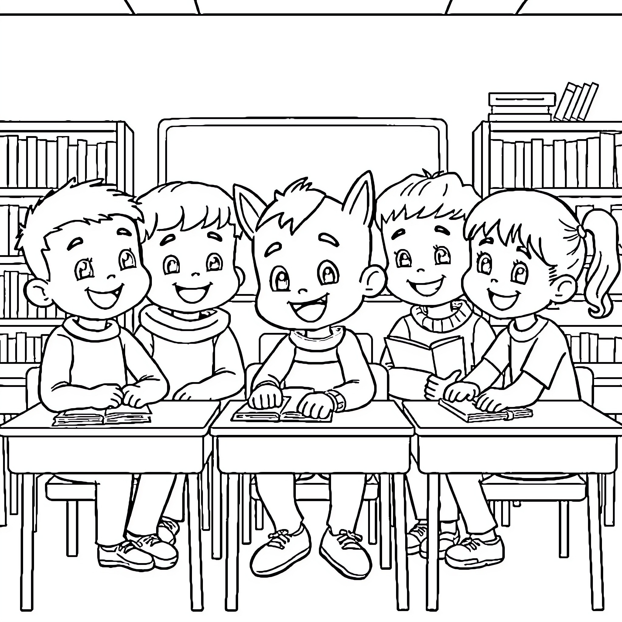 Tchoupi and Friends in the Classroom Coloring Page (free black-and-white line drawing printable PDF for all, from beginners to advanced learners, including children, teens, adults, and seniors)