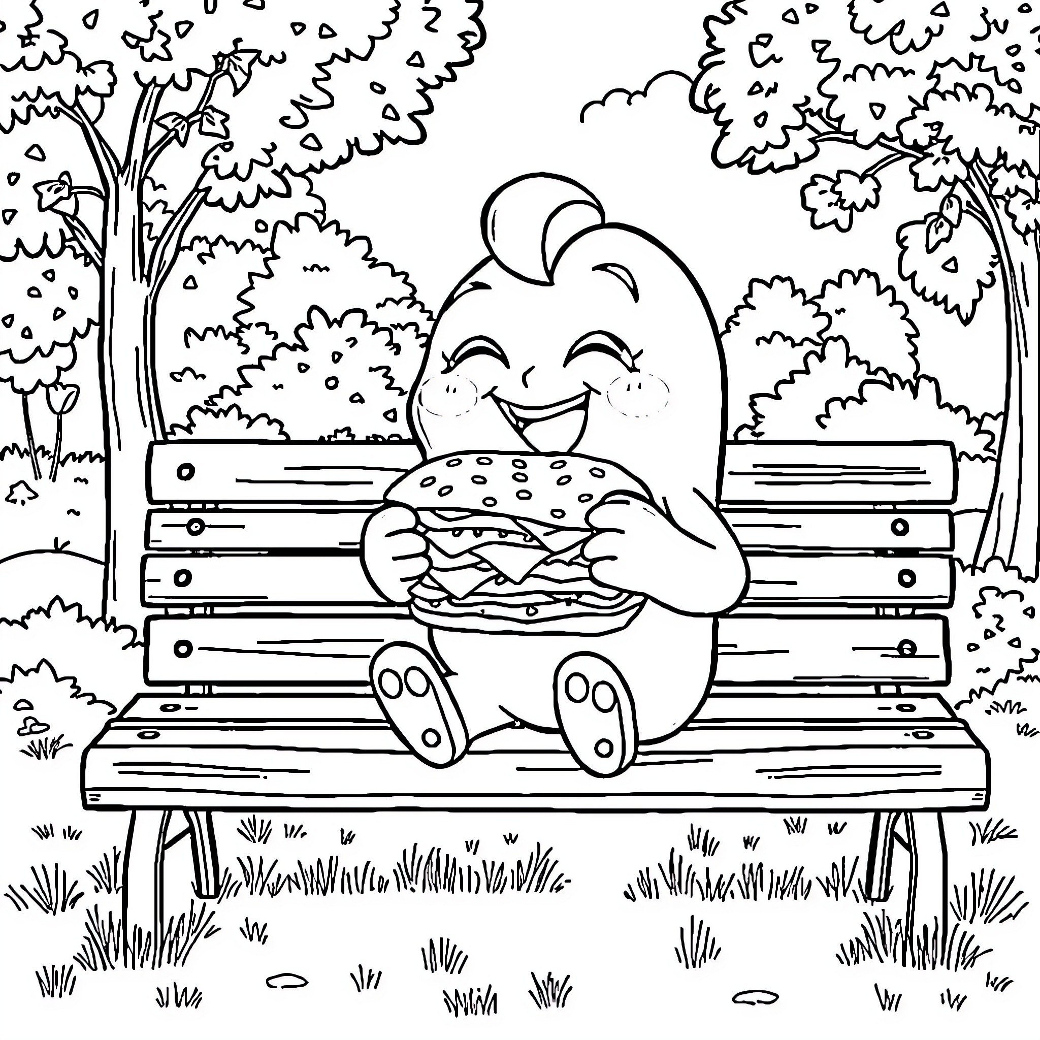 Rainbow Friend enjoying a tasty snack on a park bench Coloring Page (free black-and-white line drawing printable PDF for all, from beginners to advanced learners, including children, teens, adults, and seniors)