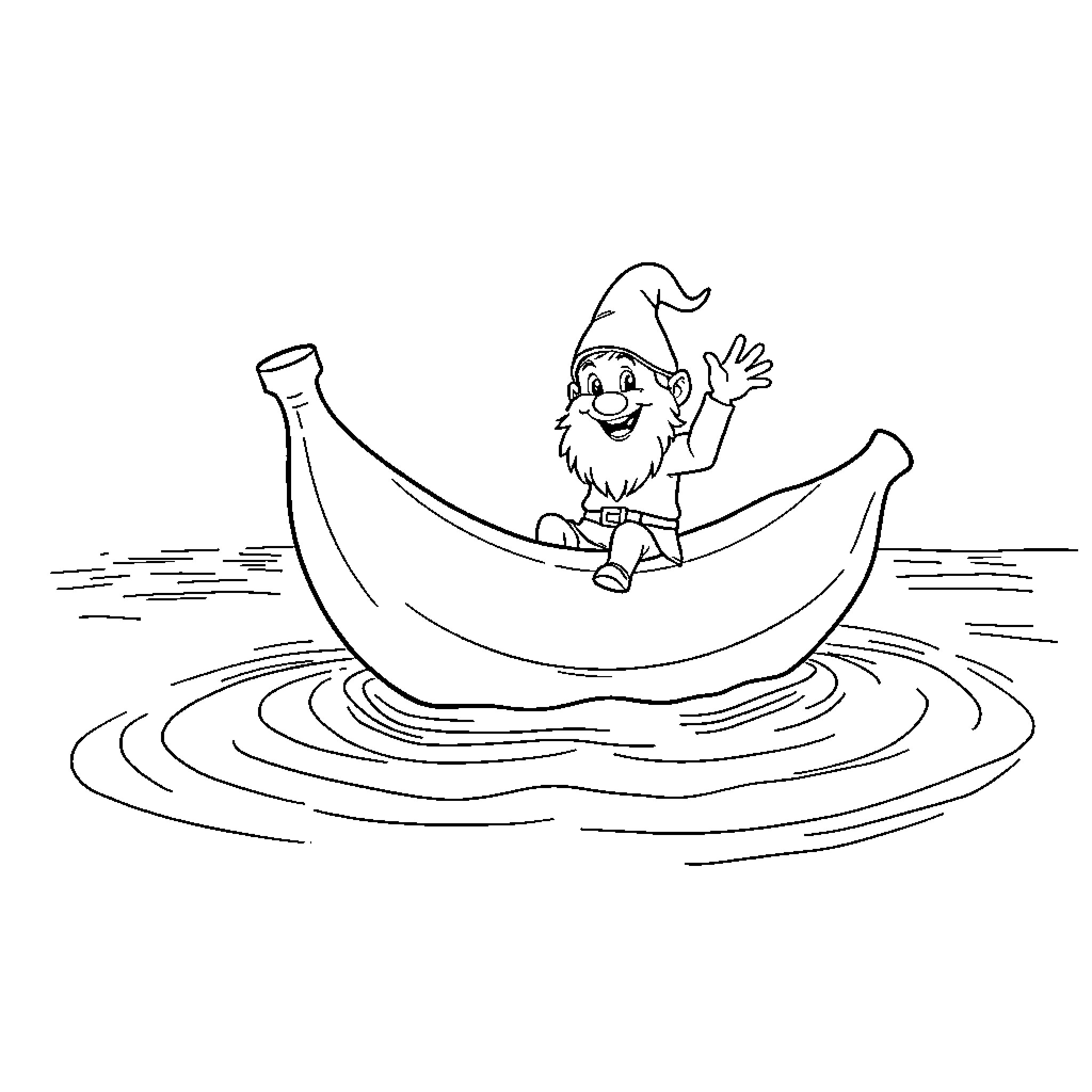 Banana Boat Ride with Smiling Gnome Coloring Page (free black-and-white line drawing printable PDF for all, from beginners to advanced learners, including children, teens, adults, and seniors)