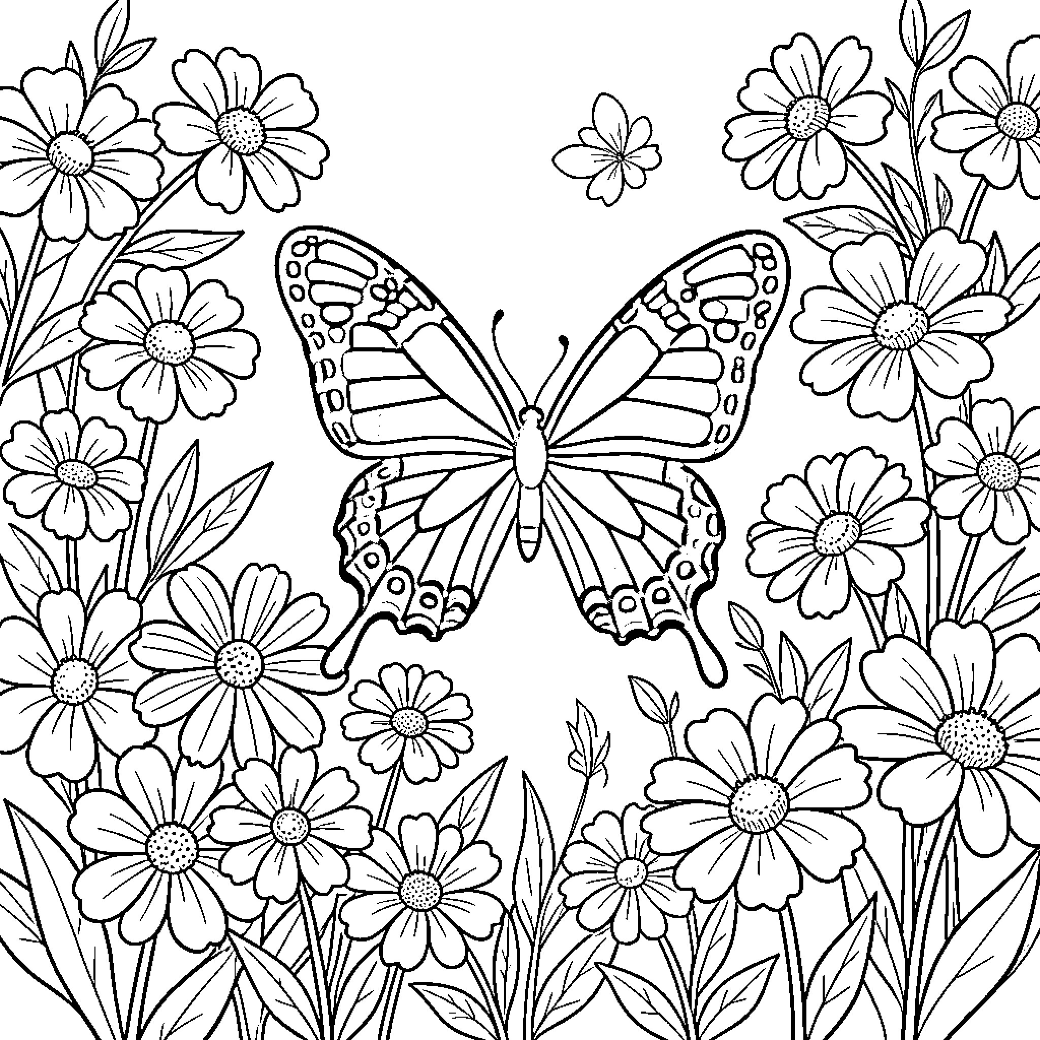 Butterfly among floral garden Coloring Page (free black-and-white line drawing printable PDF for all, from beginners to advanced learners, including children, teens, adults, and seniors)