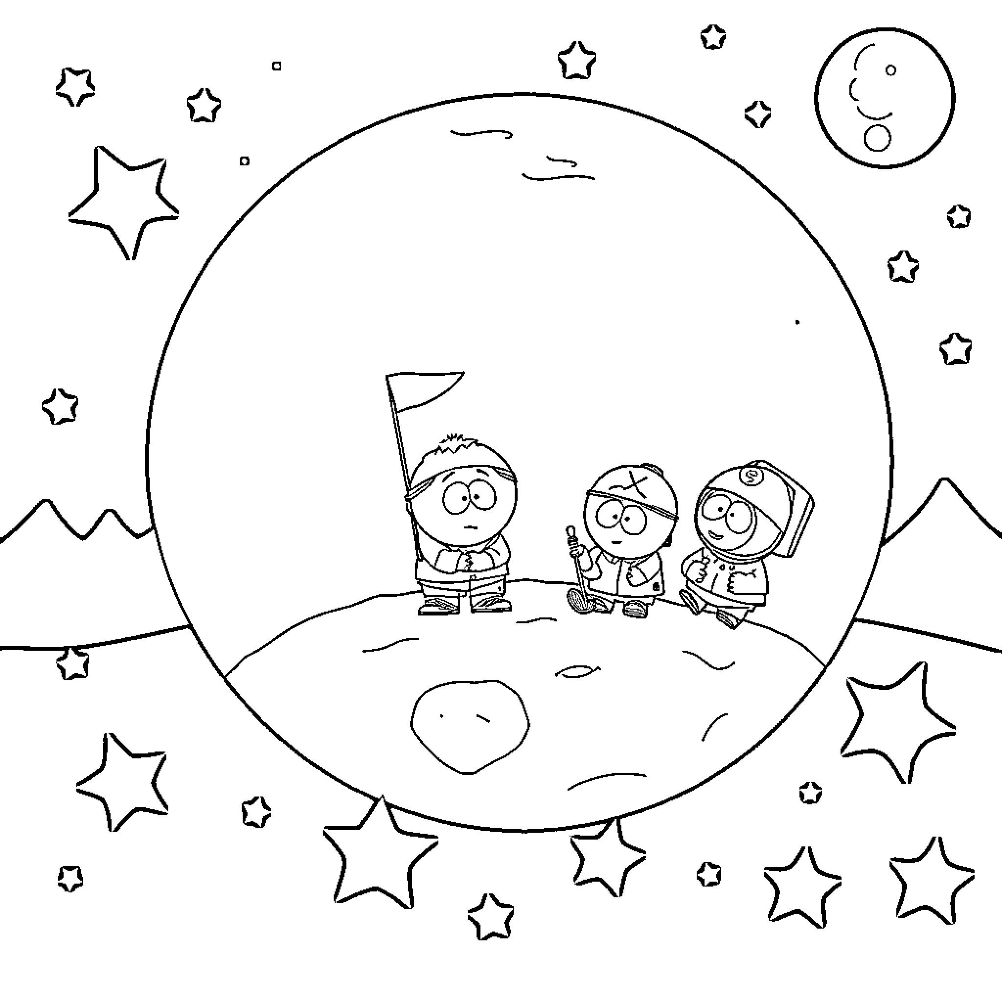 South Park trio exploring the night sky Coloring Page (free black-and-white line drawing printable PDF for all, from beginners to advanced learners, including children, teens, adults, and seniors)