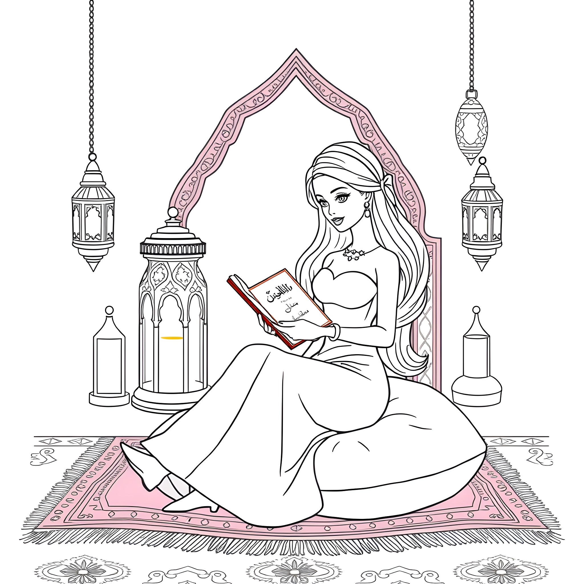 Barbie reading book on ornate rug Coloring Page (free black-and-white line drawing printable PDF for all, from beginners to advanced learners, including children, teens, adults, and seniors)