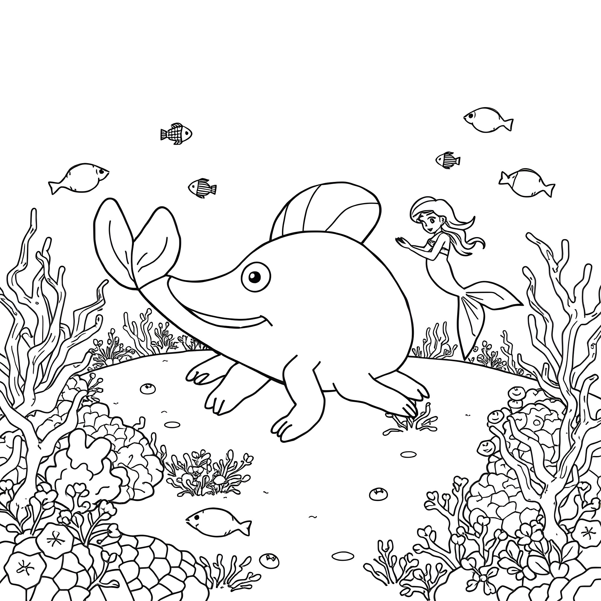 Dinglehopper playing with mermaid in the underwater coral reef Coloring Page (free black-and-white line drawing printable PDF for all, from beginners to advanced learners, including children, teens, adults, and seniors)