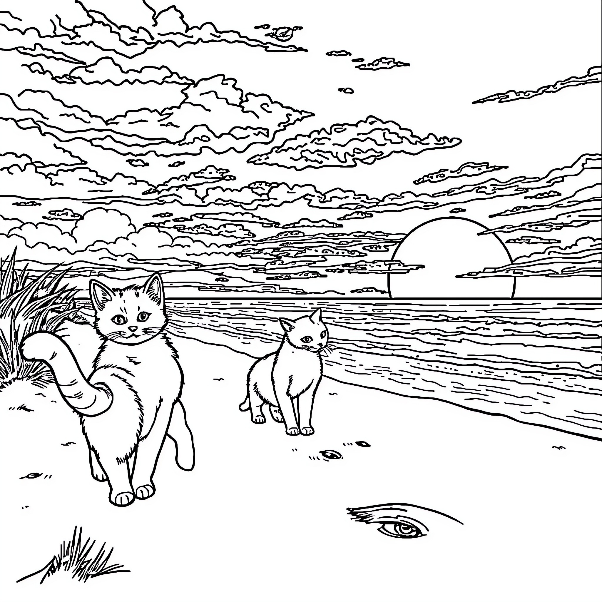 Cats on a Moonlit Beach Coloring Page (free black-and-white line drawing printable PDF for all, from beginners to advanced learners, including children, teens, adults, and seniors)