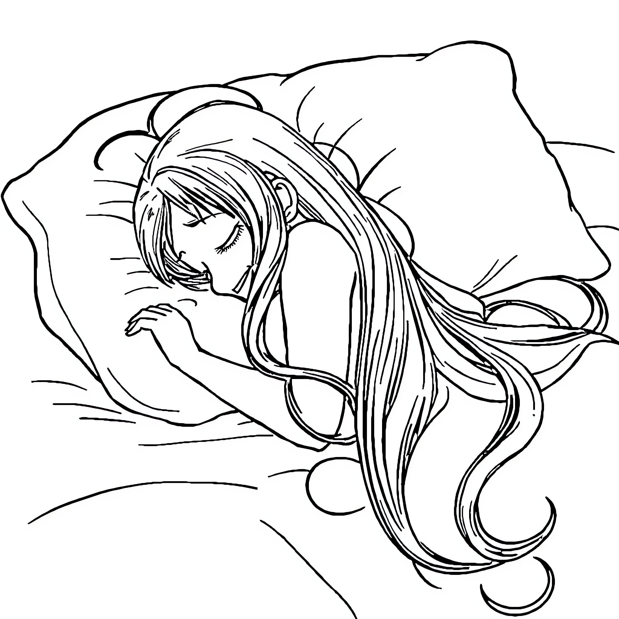 Nezuko resting peacefully in her slumber Coloring Page (free black-and-white line drawing printable PDF for all, from beginners to advanced learners, including children, teens, adults, and seniors)