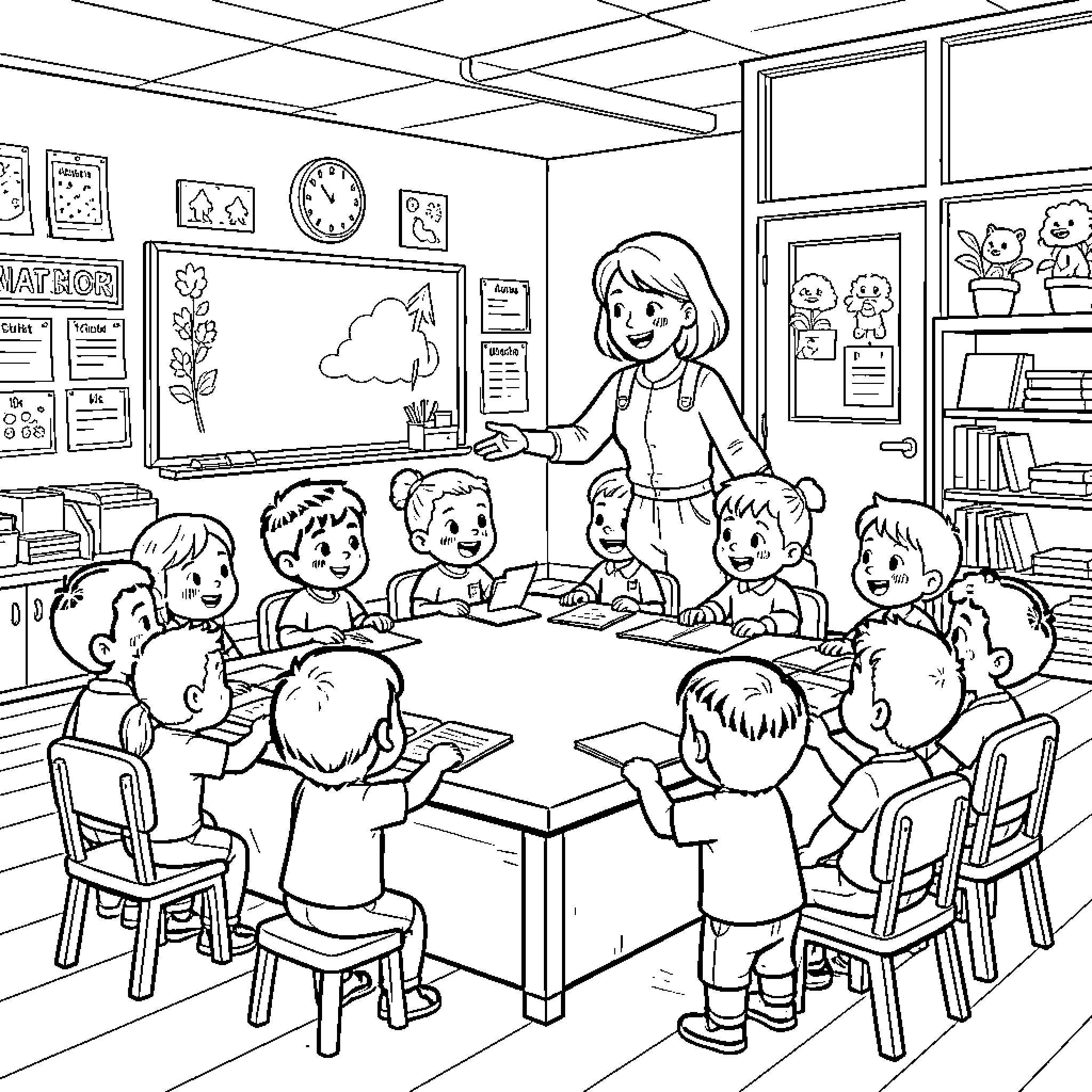 Teacher interacting with children sitting around a table Coloring Page (free black-and-white line drawing printable PDF for all, from beginners to advanced learners, including children, teens, adults, and seniors)