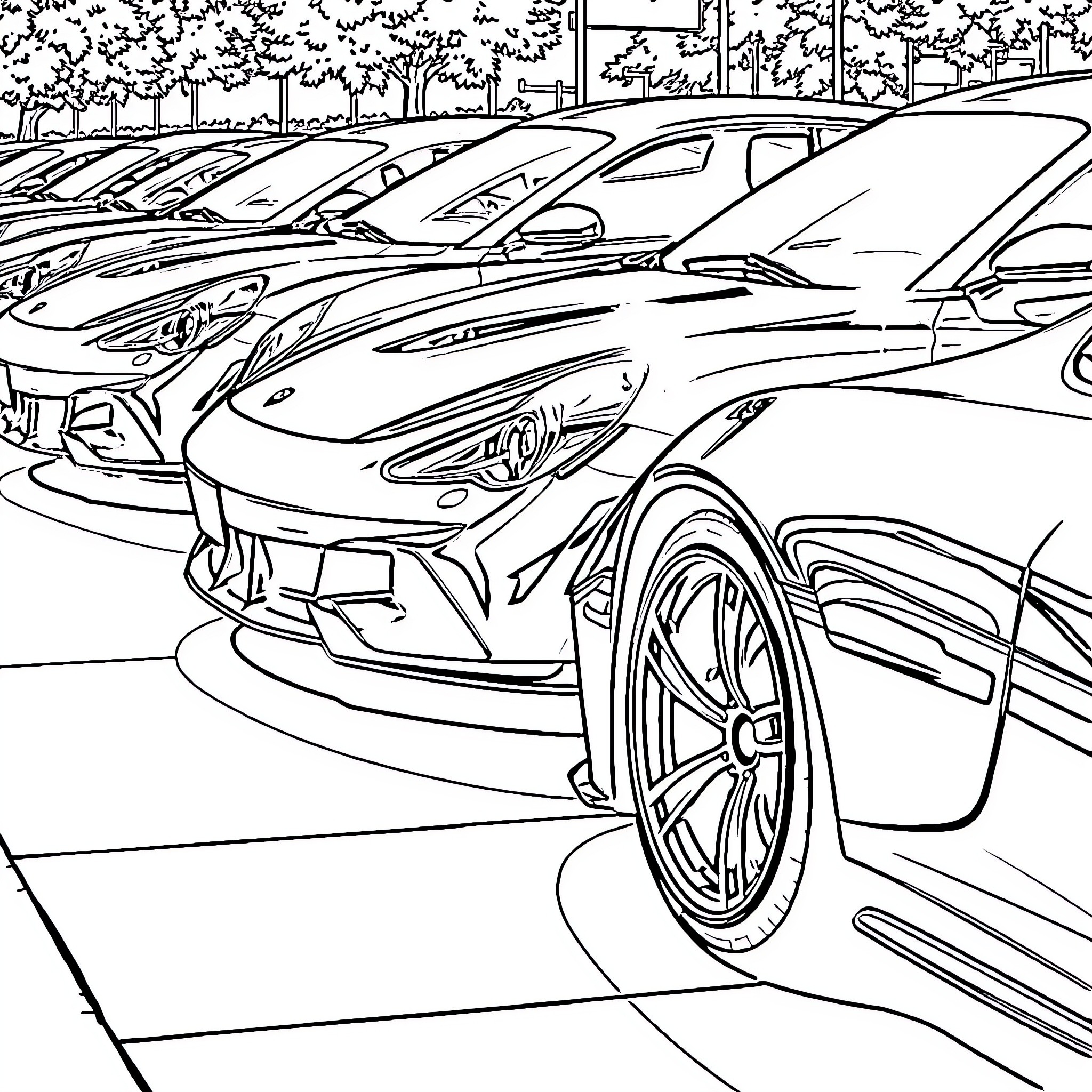 Car Dealership with Stylish Vehicles on Display Coloring Page (free black-and-white line drawing printable PDF for all, from beginners to advanced learners, including children, teens, adults, and seniors)