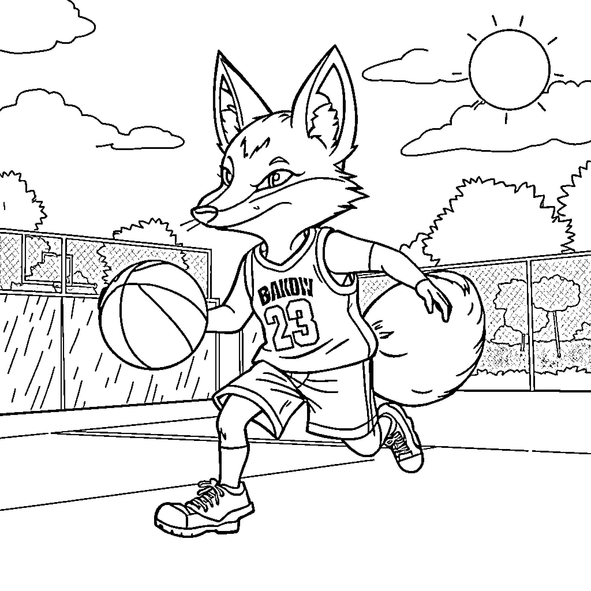 Fox playing basketball on the court Coloring Page (free black-and-white line drawing printable PDF for all, from beginners to advanced learners, including children, teens, adults, and seniors)